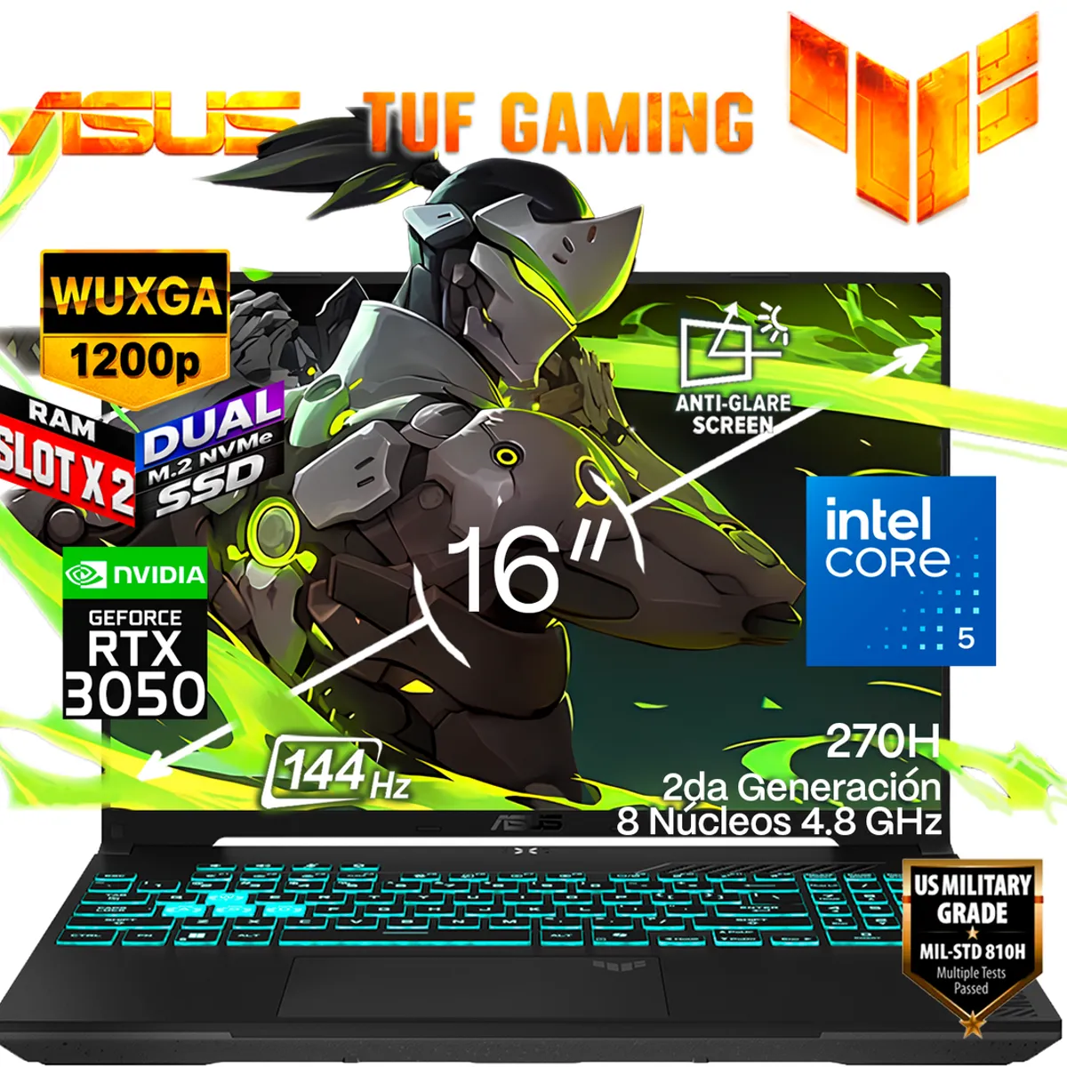 ASUS - Portátil Gamer ASUS TUF F16 Intel Core 5 210H RAM 32GB SSD 256 GB RTX 3050 6 GB