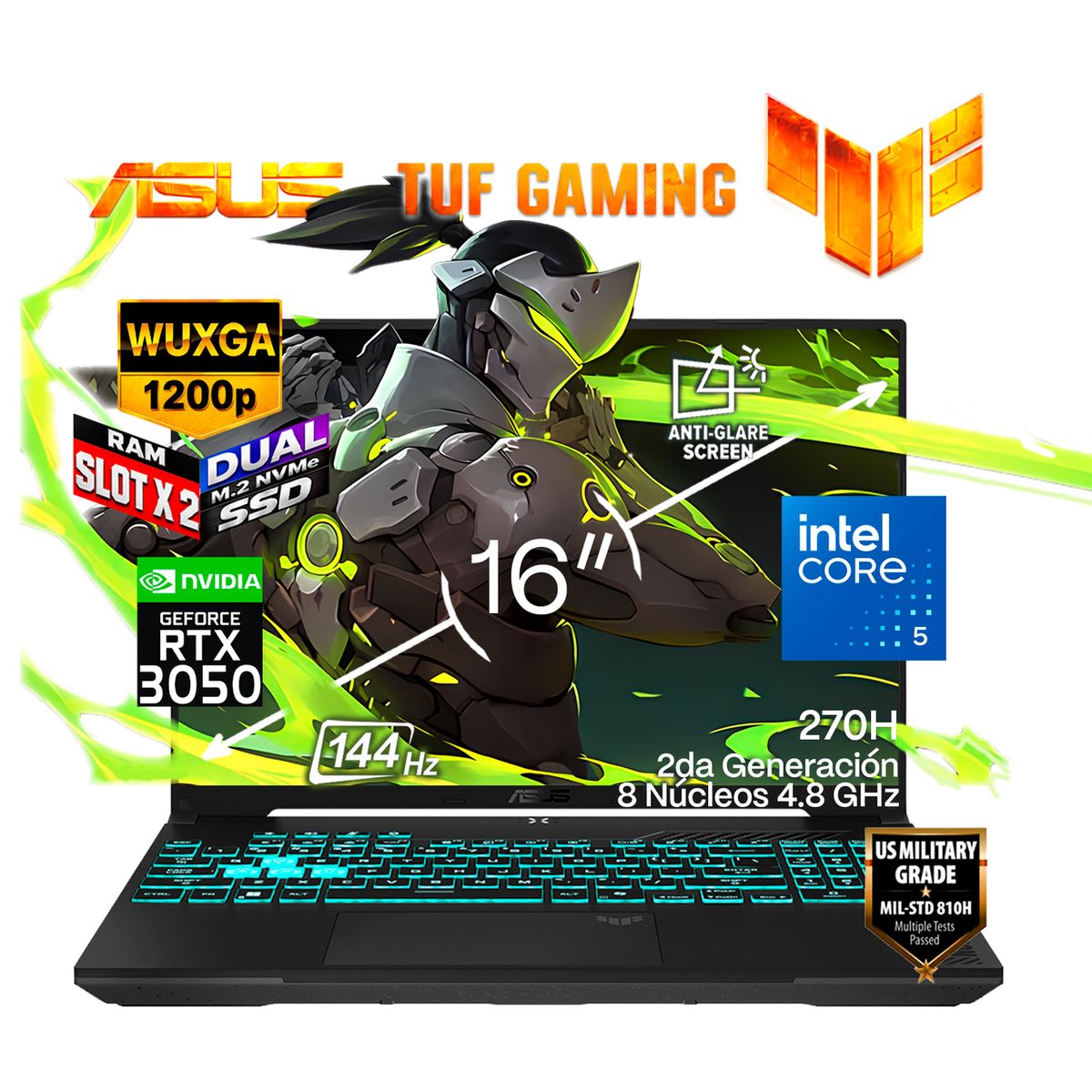 ASUS - Portátil Gamer ASUS TUF F16 Intel Core 5 210H RAM 8GB SSD 8 TB RTX 3050 6 GB