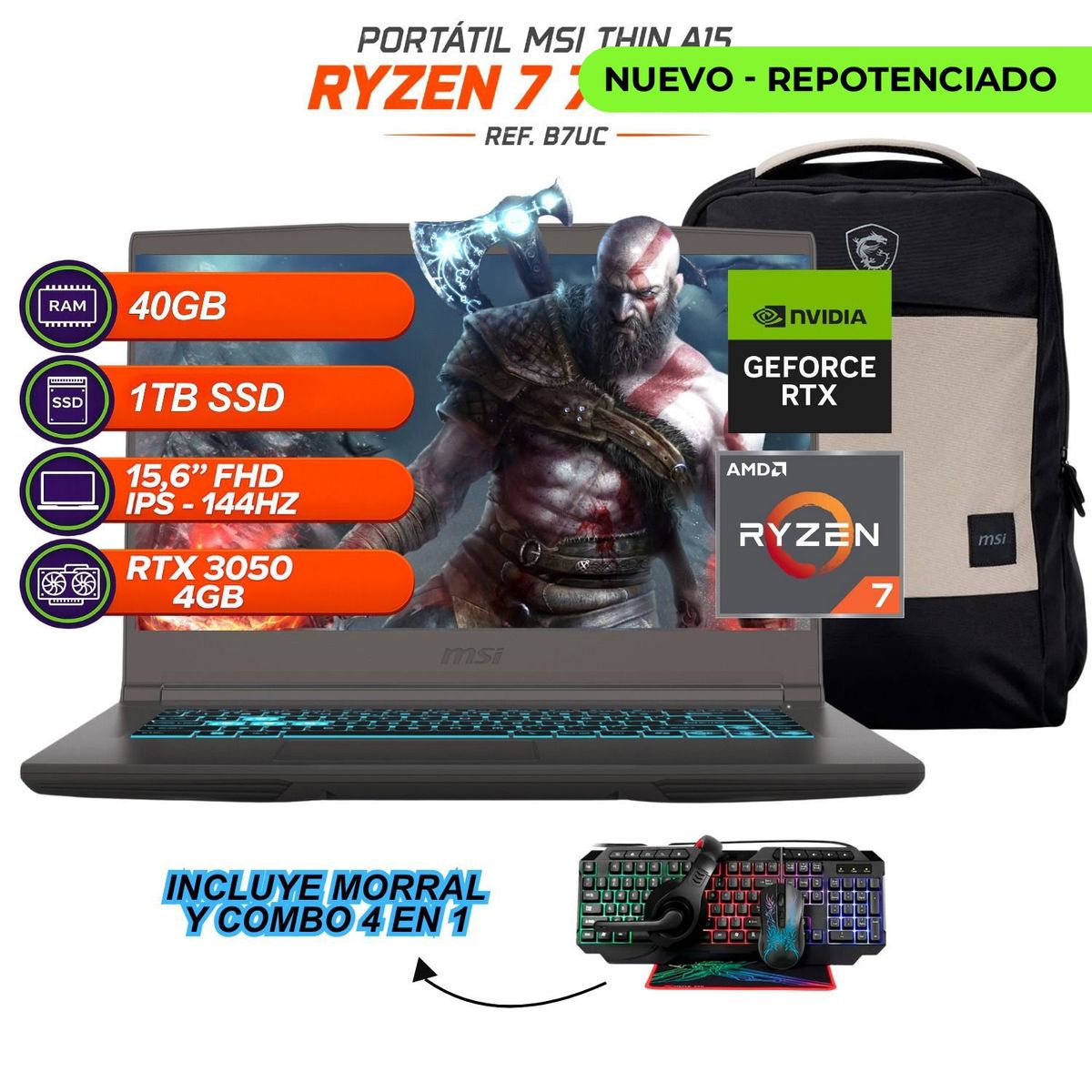 MSI - PORTATIL GAMER MSI Thin A15 - RYZEN 7 7735HS - RTX 3050 4GB - 40GB RAM - SSD 1TB - 15.6” FHD 144Hz