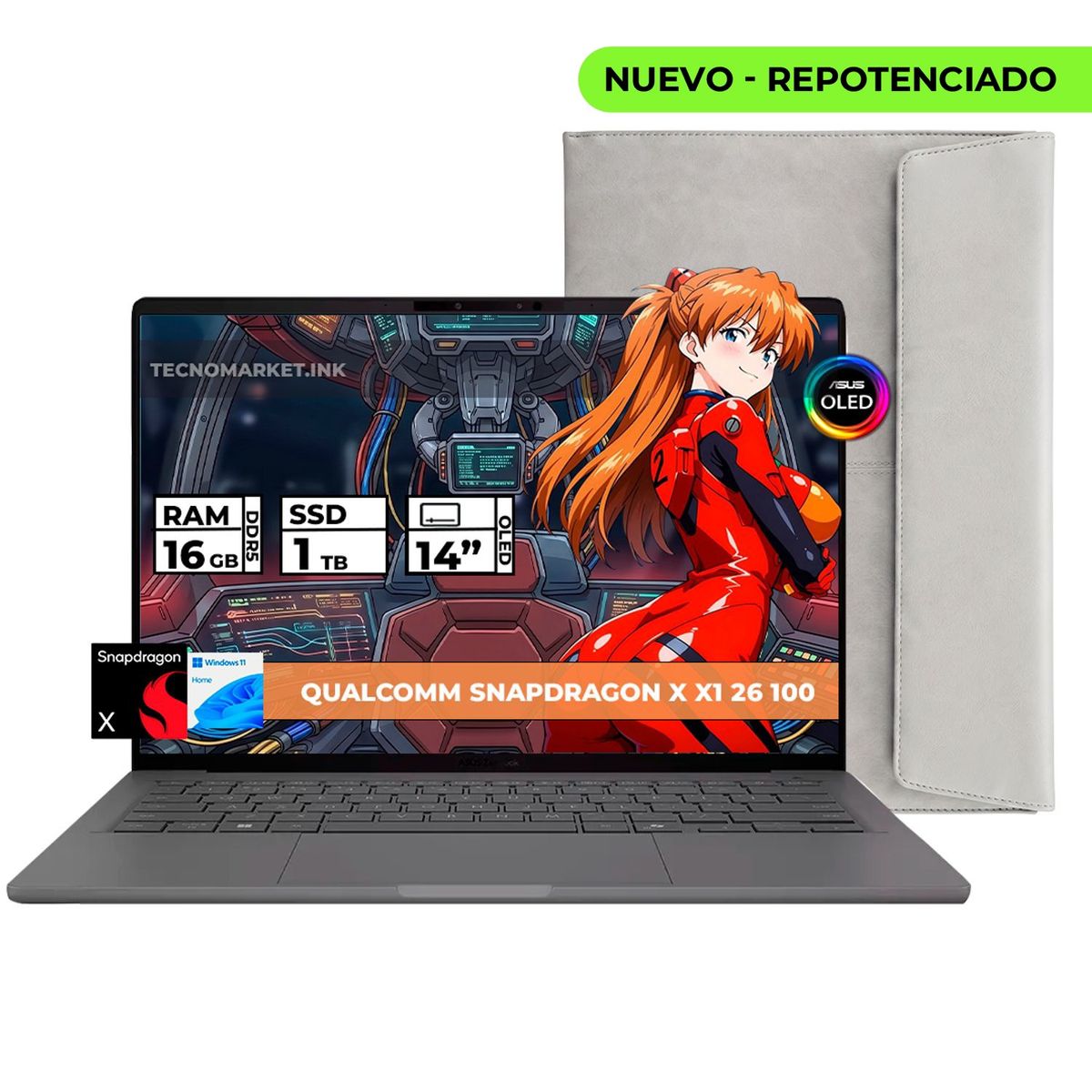 ASUS - PORTATIL ASUS ZENBOOK SNAPDRAGON X X1-26-100 16GB RAM 1TB SSD 14 OLED WUXGA +FUNDA