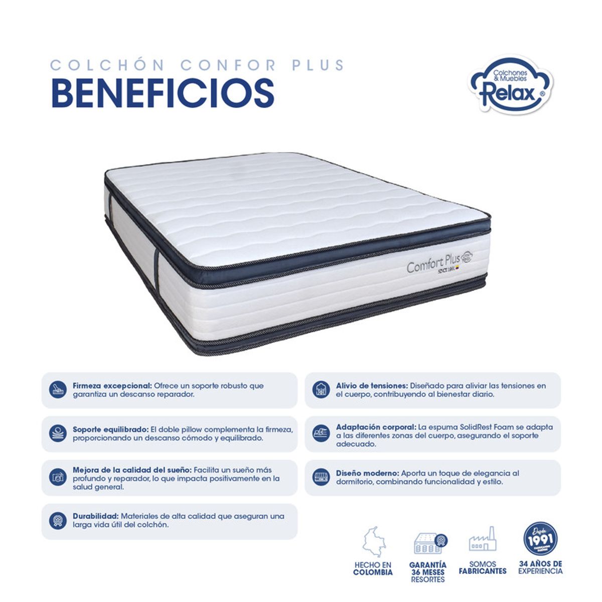 COLCHONES RELAX - Colchón Queen Confort Plus Colchones Relax 160x190x26cm Espumado Pillow Top Extra Firme
