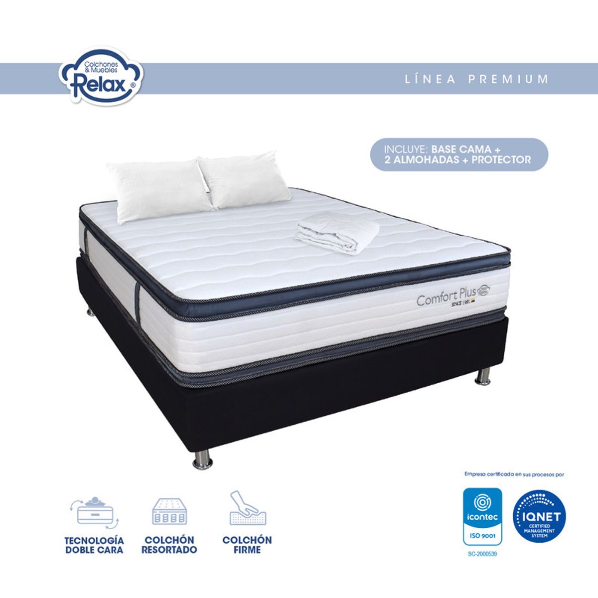 COLCHONES RELAX - Colchón con Base Cama Queen Confort Plus Colchones Relax 160x190x26cm Espumado Pillow Top Extra Firme  + 2 Almohadas + 1 Protector