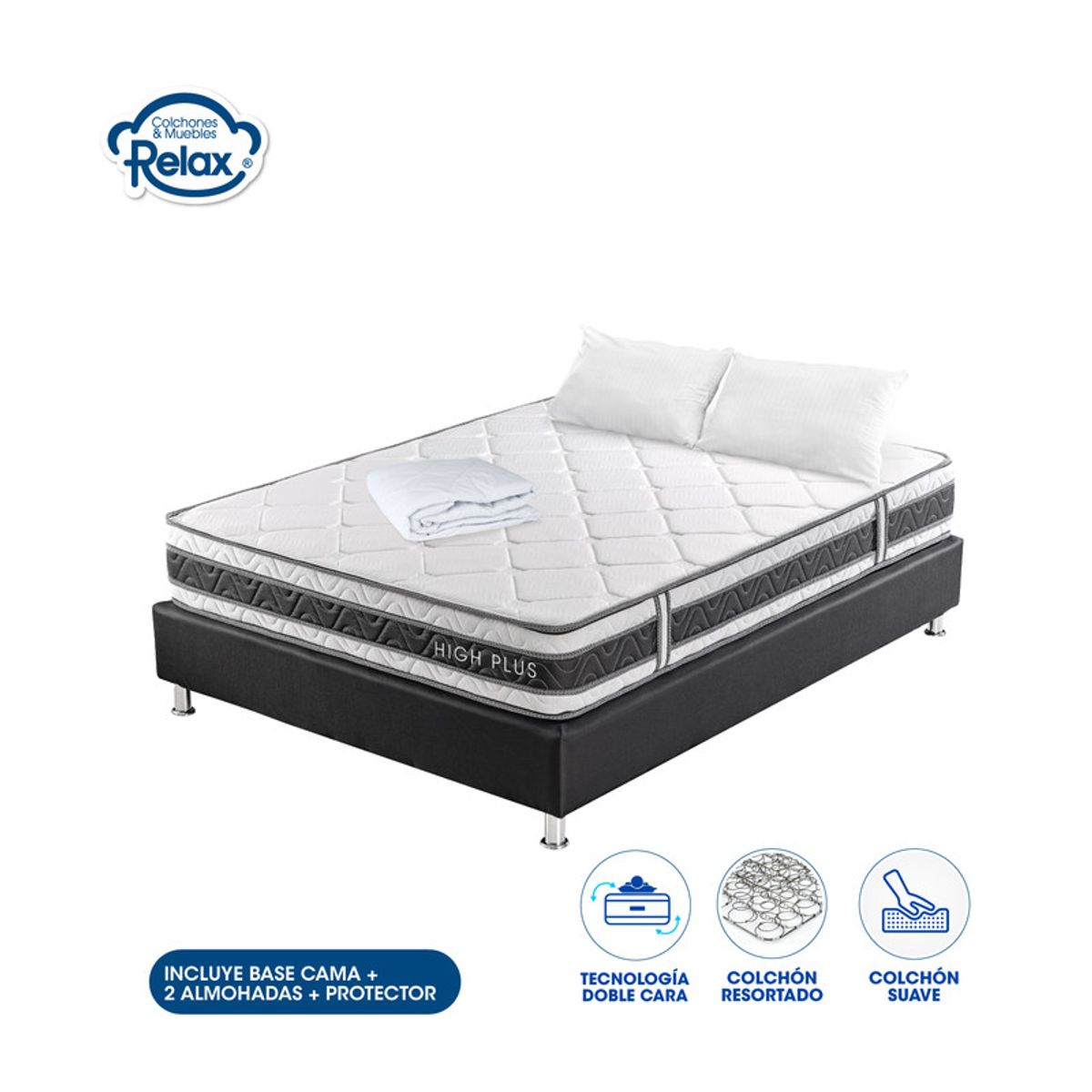 COLCHONES RELAX - Colchón con Base Cama Queen High Plus Colchones Relax 160x190x24cm Resortado Firmeza Media + 2 Almohadas + 1 Protector
