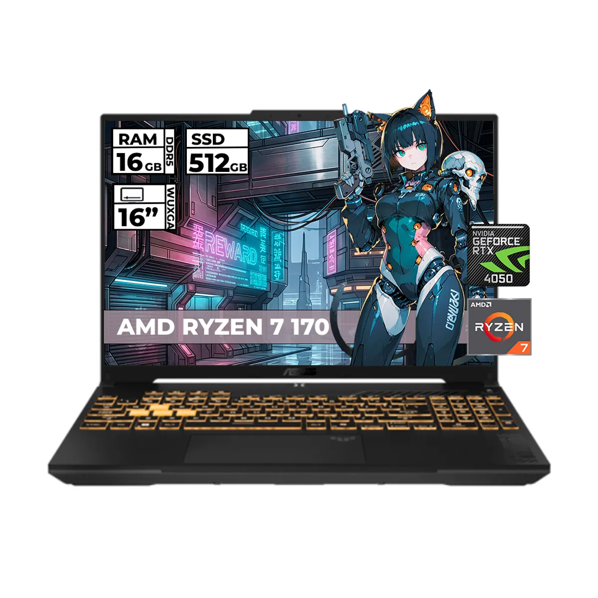 ASUS - PORTATIL ASUS TUF GAMING A16 AMD RYZEN 7 170 16 GB RAM 512 GB SSD RTX 4050 6GB DDR6