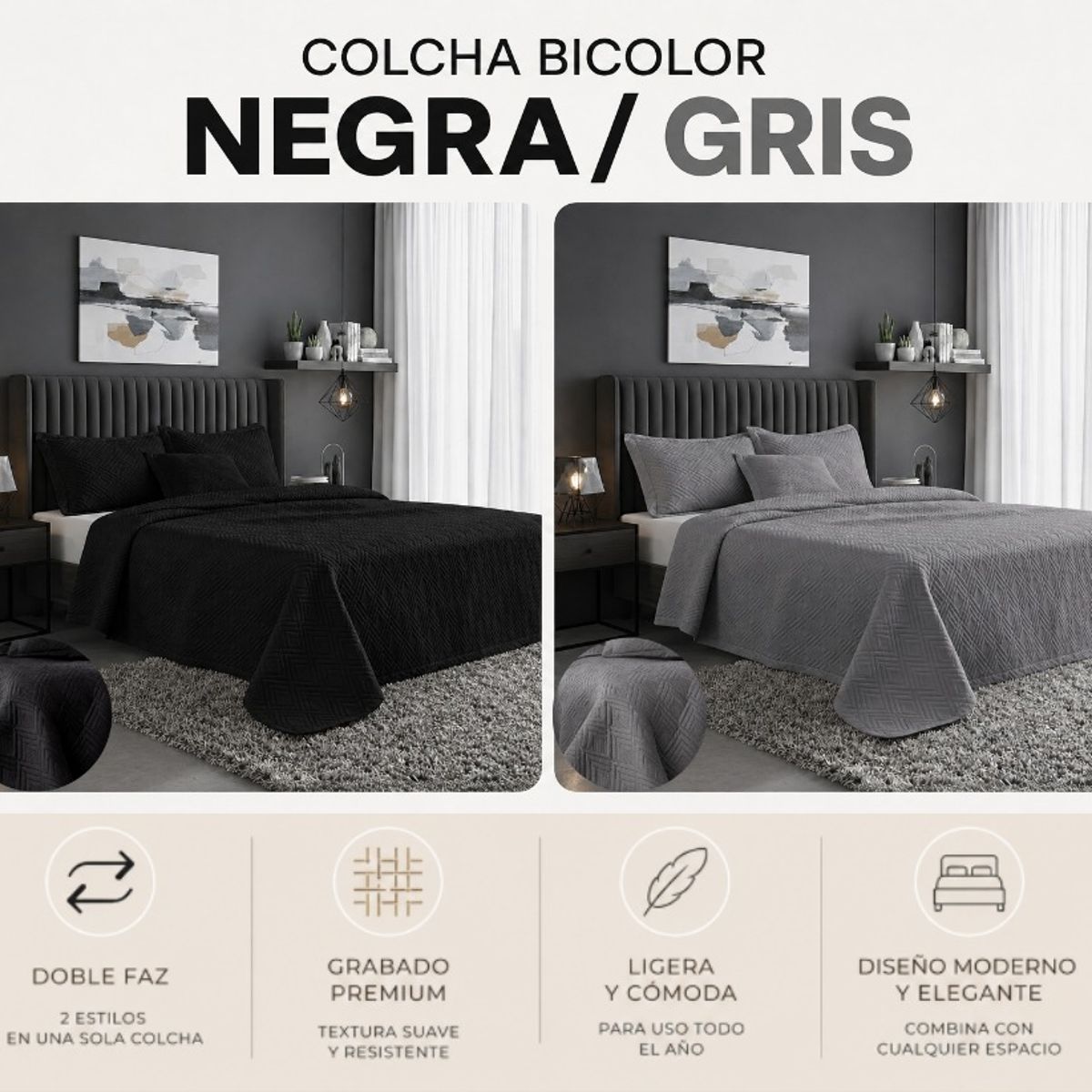 GENERICO - Colcha King Negra Gris Doble Faz  Diseño Moderno, Suave y Elegante