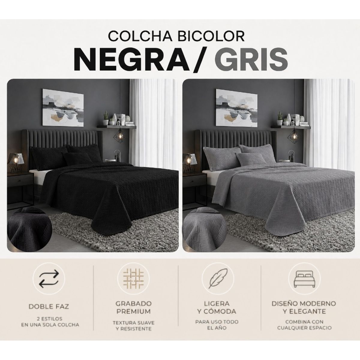 GENERICO - Colcha King Negra Gris Doble Faz  Diseño Moderno, Suave y Elegante