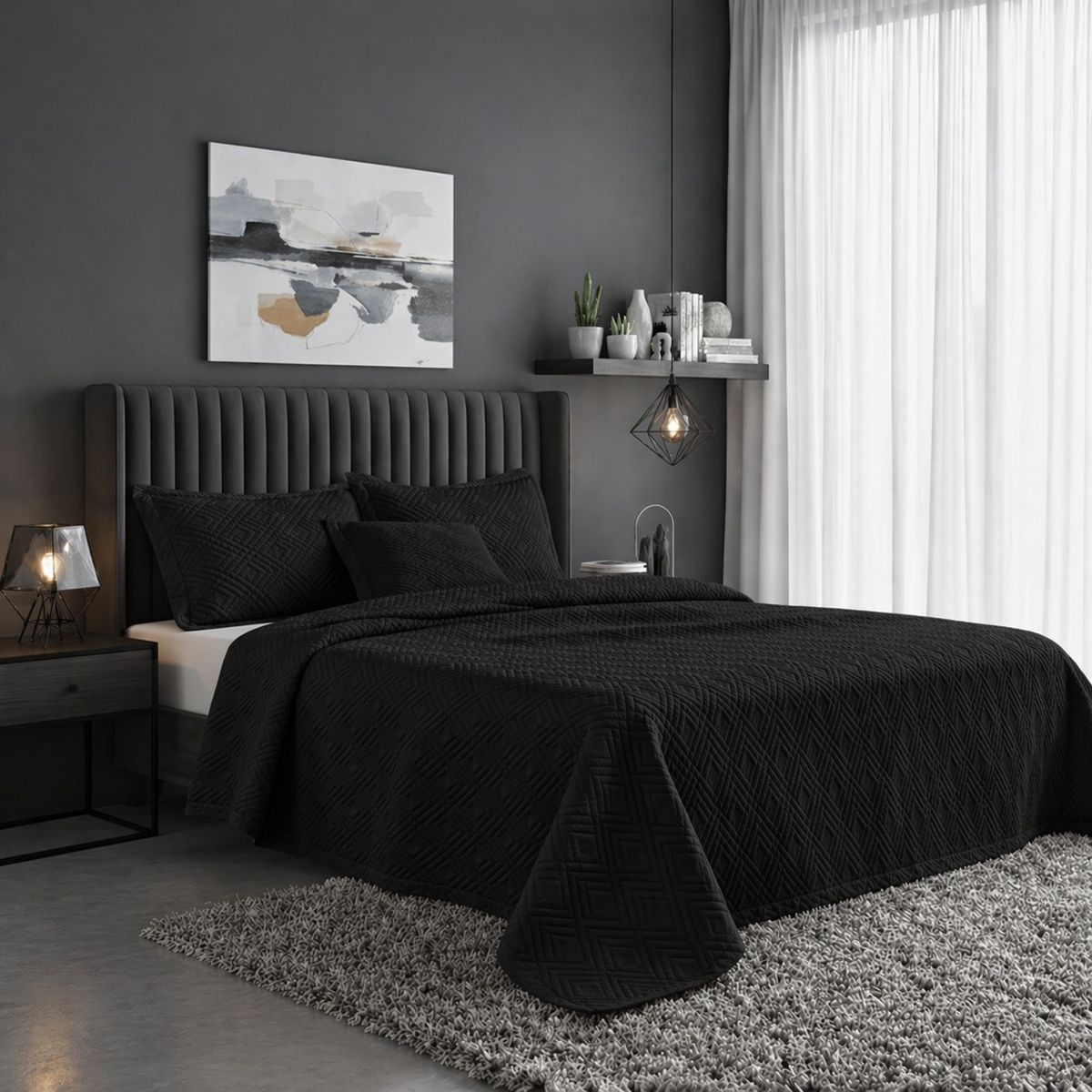GENERICO - Colcha King Negra Gris Doble Faz  Diseño Moderno, Suave y Elegante