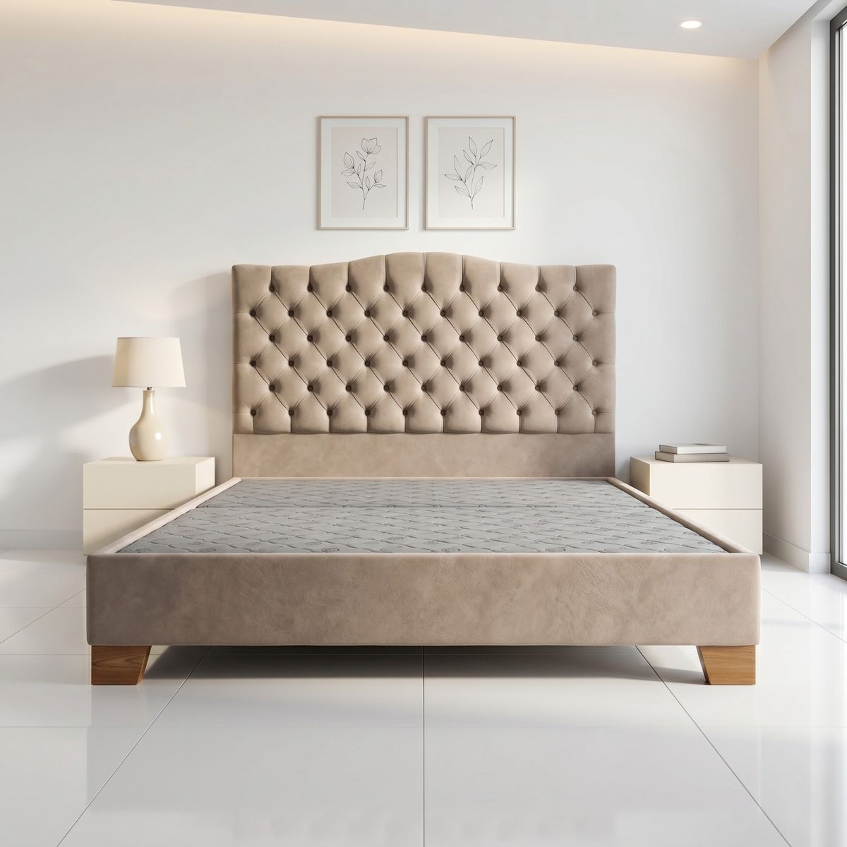 ESTILO Y CONFORT - Basecama más Capitoneado BeigeCamel 100X190 Pata Madera