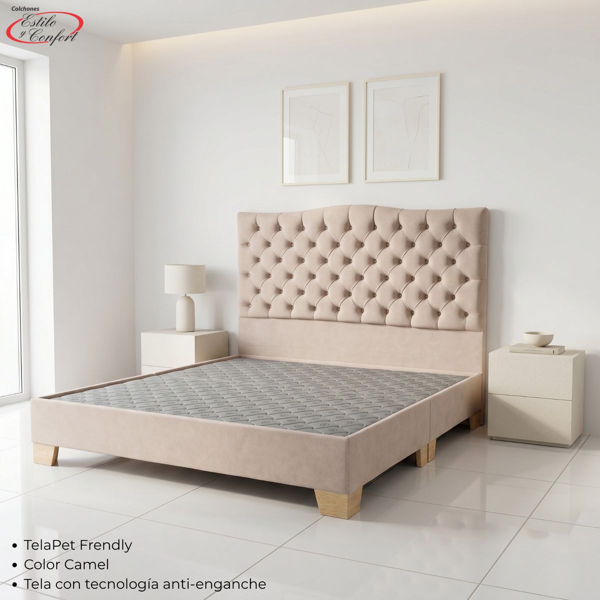 ESTILO Y CONFORT - Basecama más Capitoneado BeigeCamel 100X190 Pata Madera