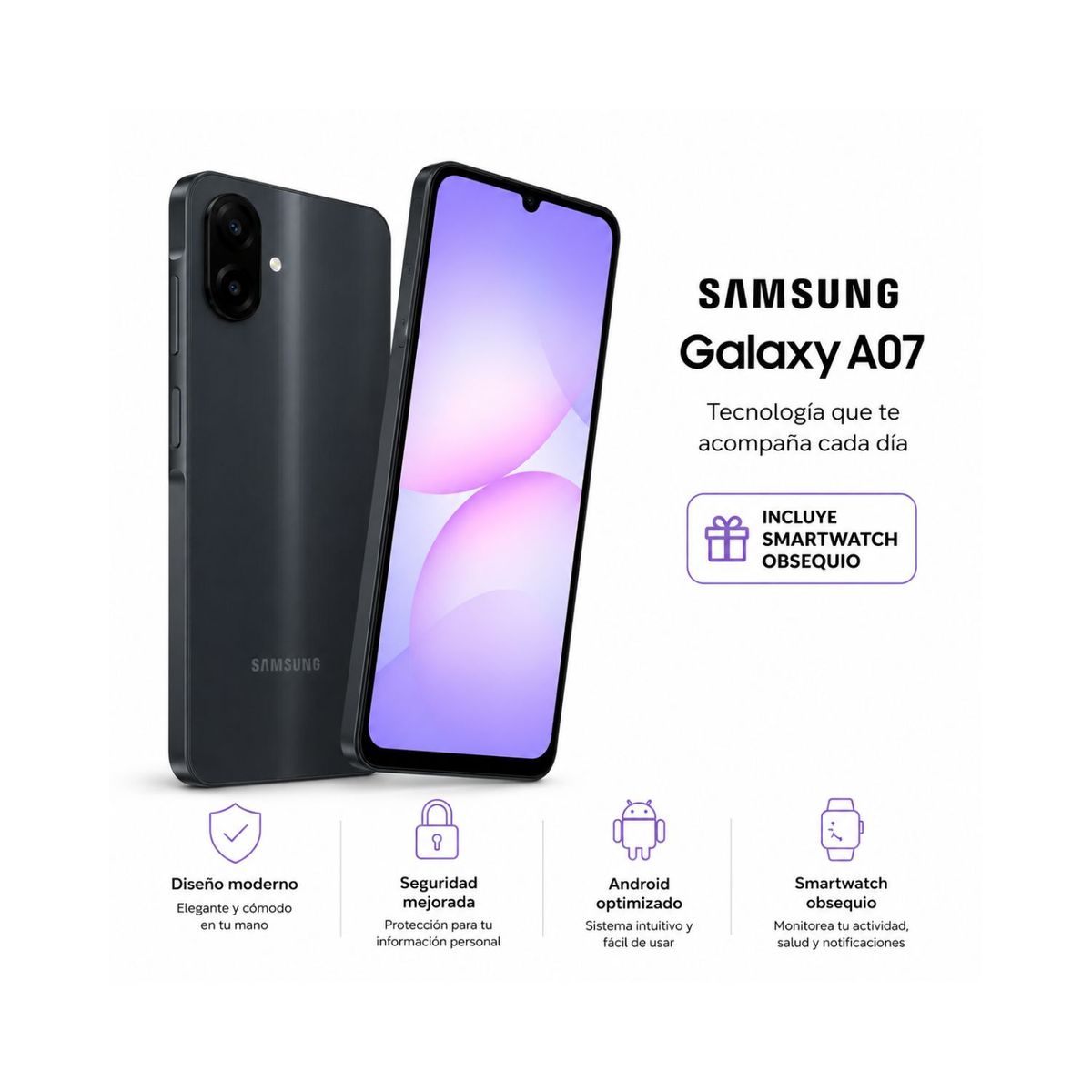 SAMSUNG - Celular Samsung Galaxy A07 128GB 4G Negro + Smartwatch Obsequio