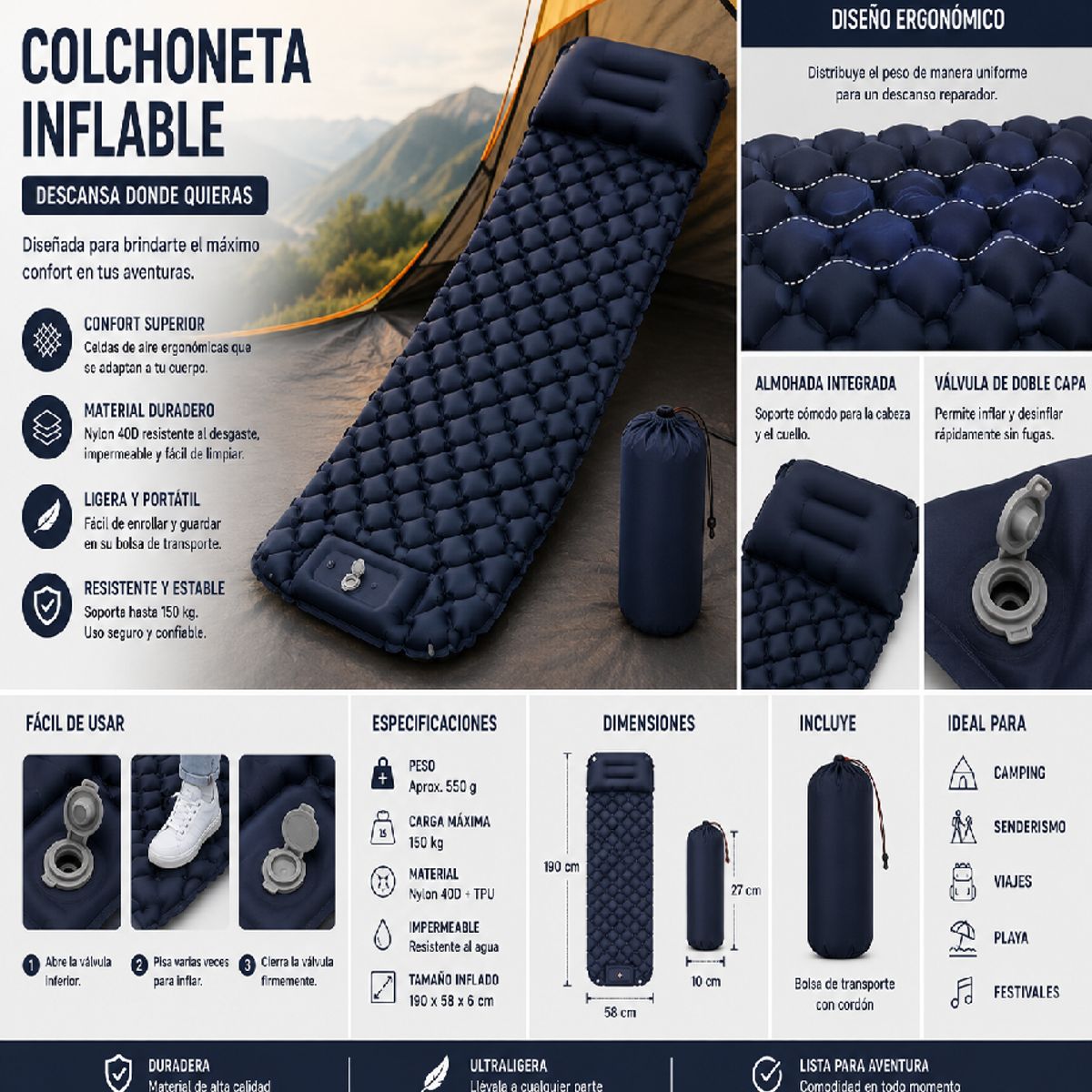 CHINA GLAZE - Colchoneta De Camping Ultraligera Autoinflable color azul