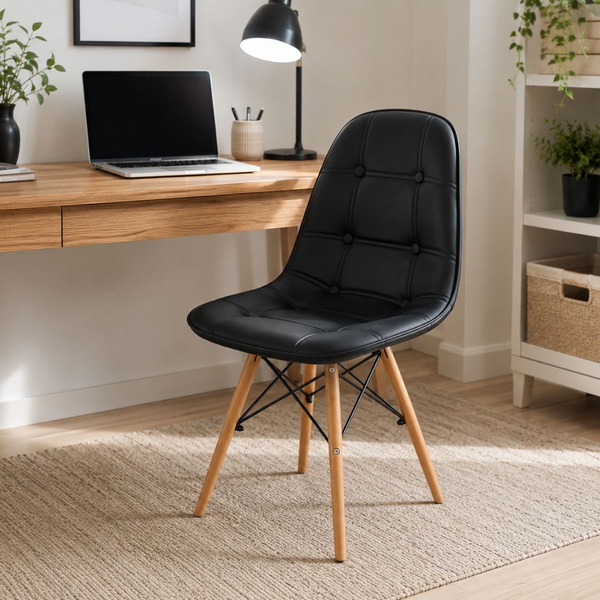 GENERAL TOOLS - Silla Comedor Moderna Acolchada Negra Diseño Elegante Patas Madera Oficina Hogar Confort
