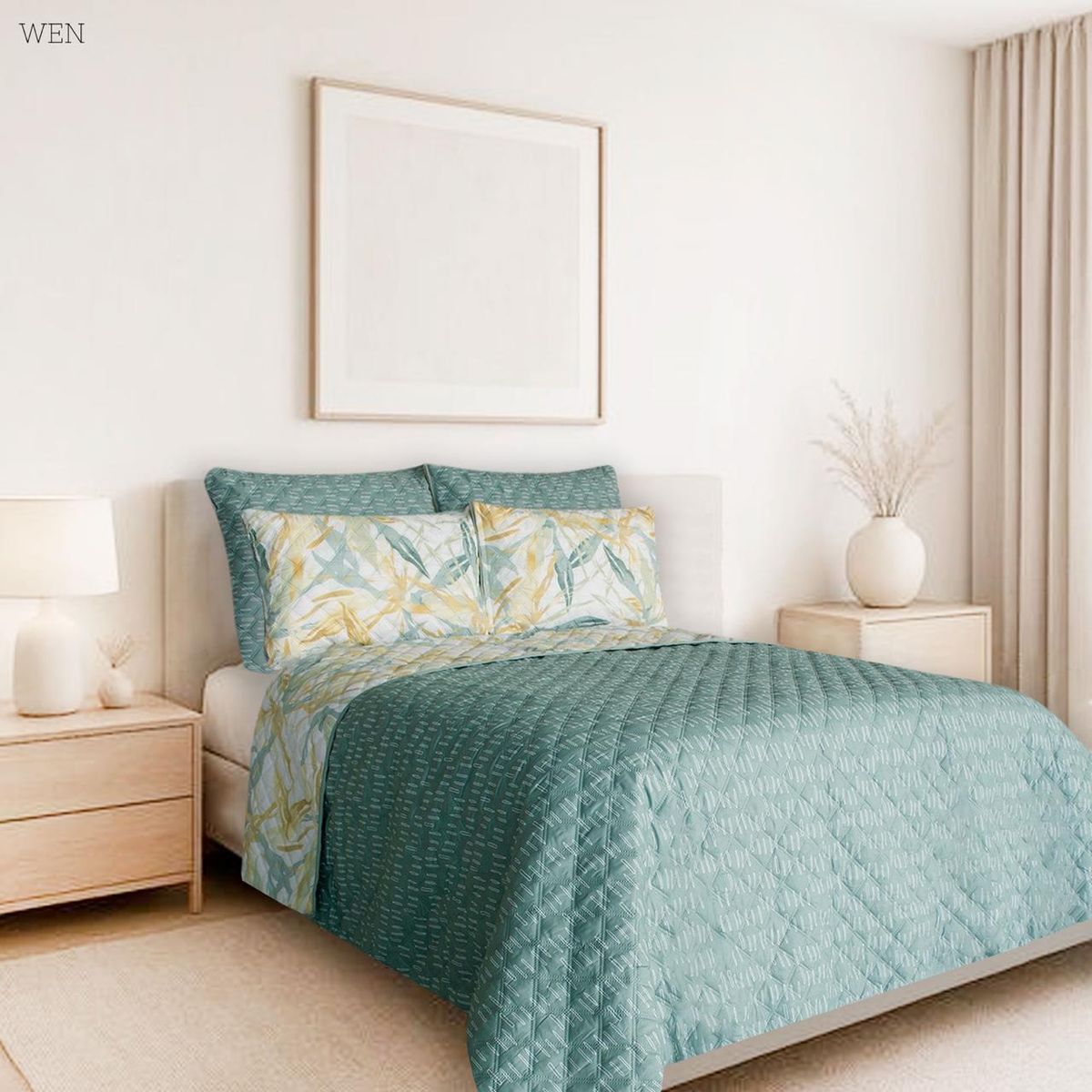 BALI - Colcha Doble Faz para Cama Doble 215×240 + Funda 50×75 Verde Tropical  Polialgodón