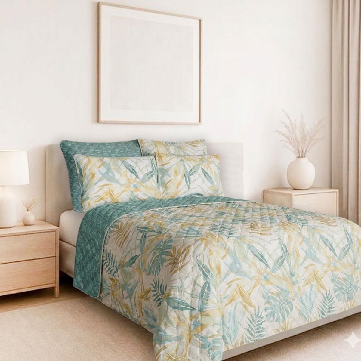 BALI - Colcha Doble Faz para Cama Doble 215×240 + Funda 50×75 Verde Tropical  Polialgodón