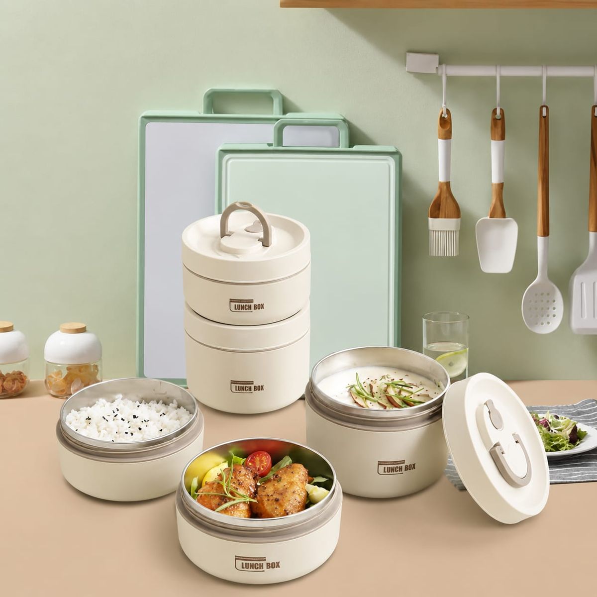 JOEM - Lonchera Térmica Portátil 4 Niveles Porta Comida Con Estuche