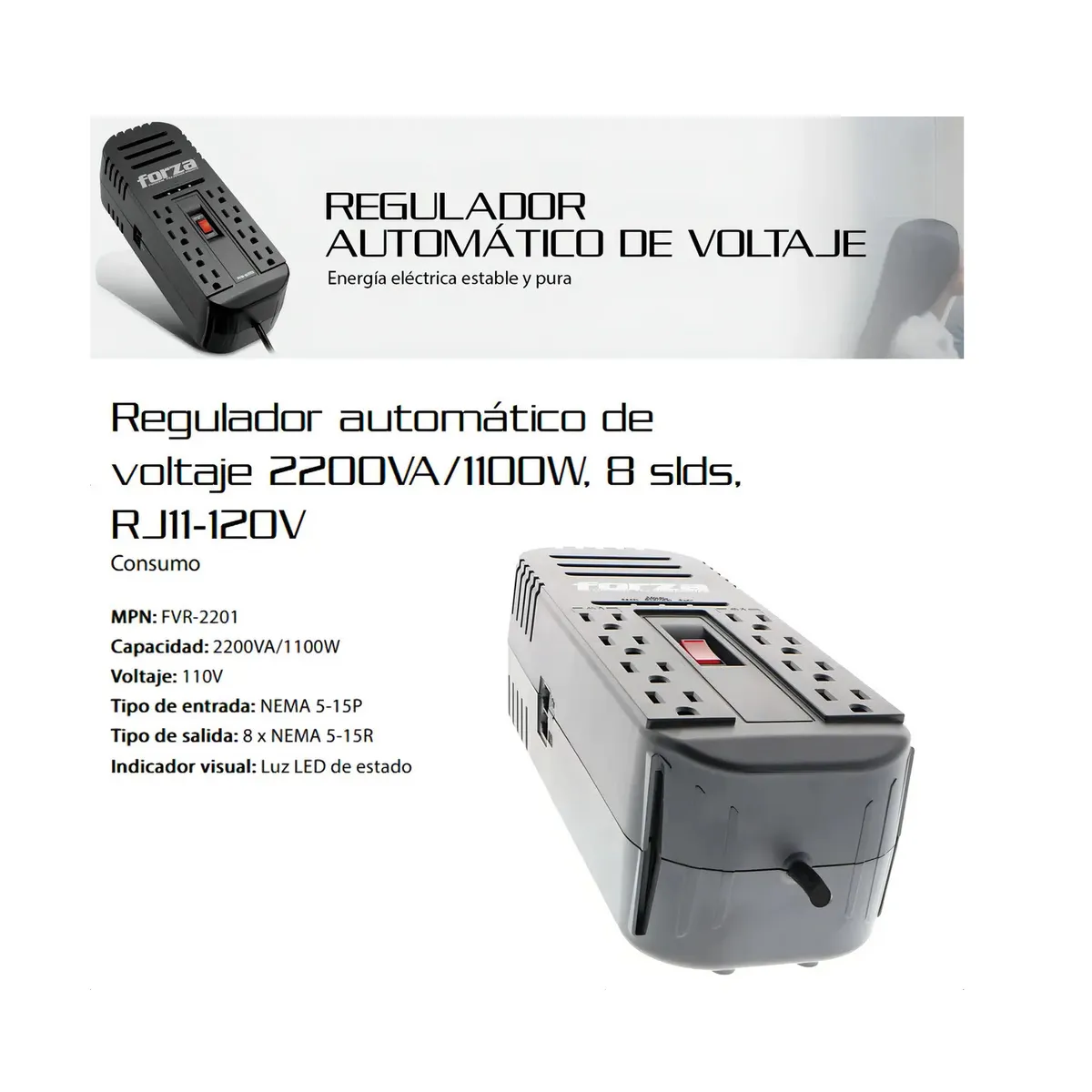 FORZA - Mtec Forza Fvr-2201 Regulador Voltaje 2200va 1100w 8 Tomas