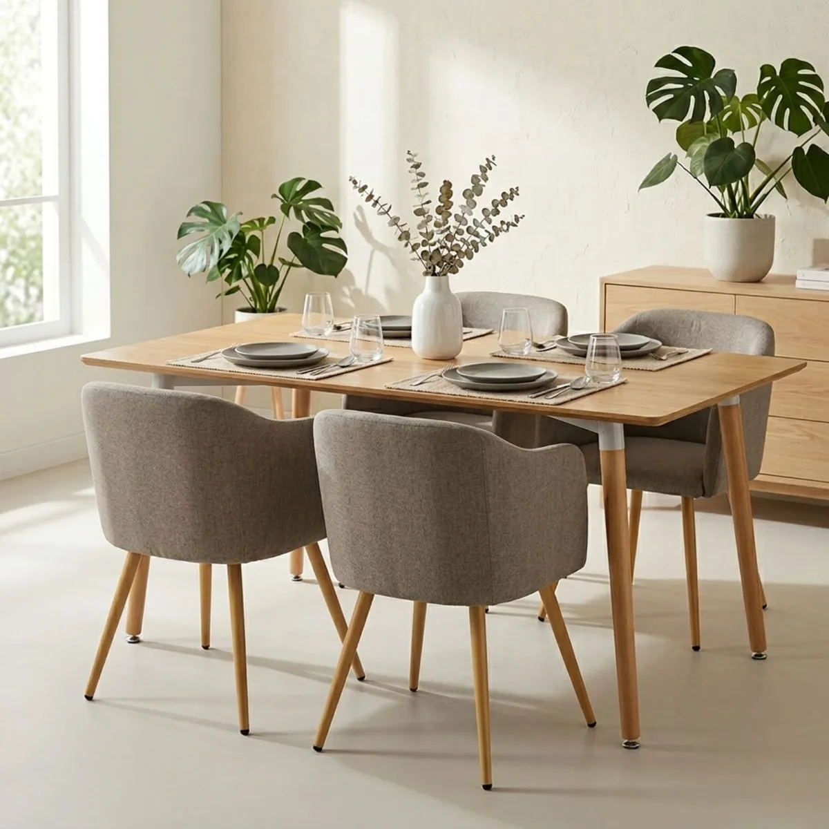 ENTRE NOS HOME - Juego De Comedor Ámbar Con Mesa Rectangular De Madera Y 4 Sillas Beige Con Brazos