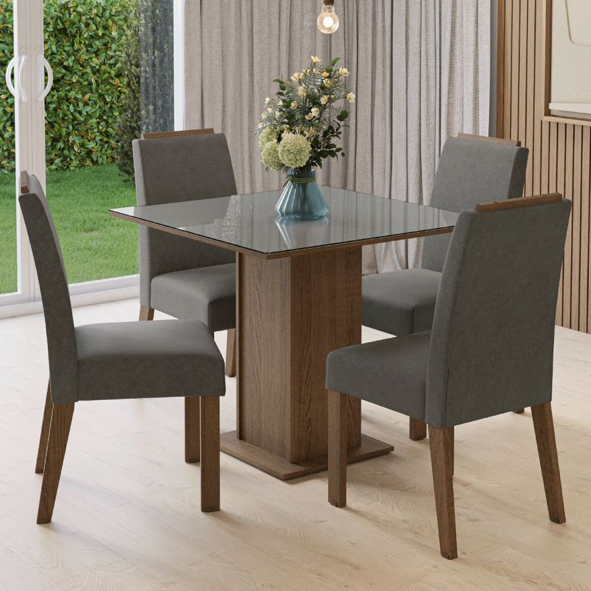 MADESA - Juego de Comedor Sines con 4 Sillas - Tablero de Madera y Cristal MarrónGrisPlateado