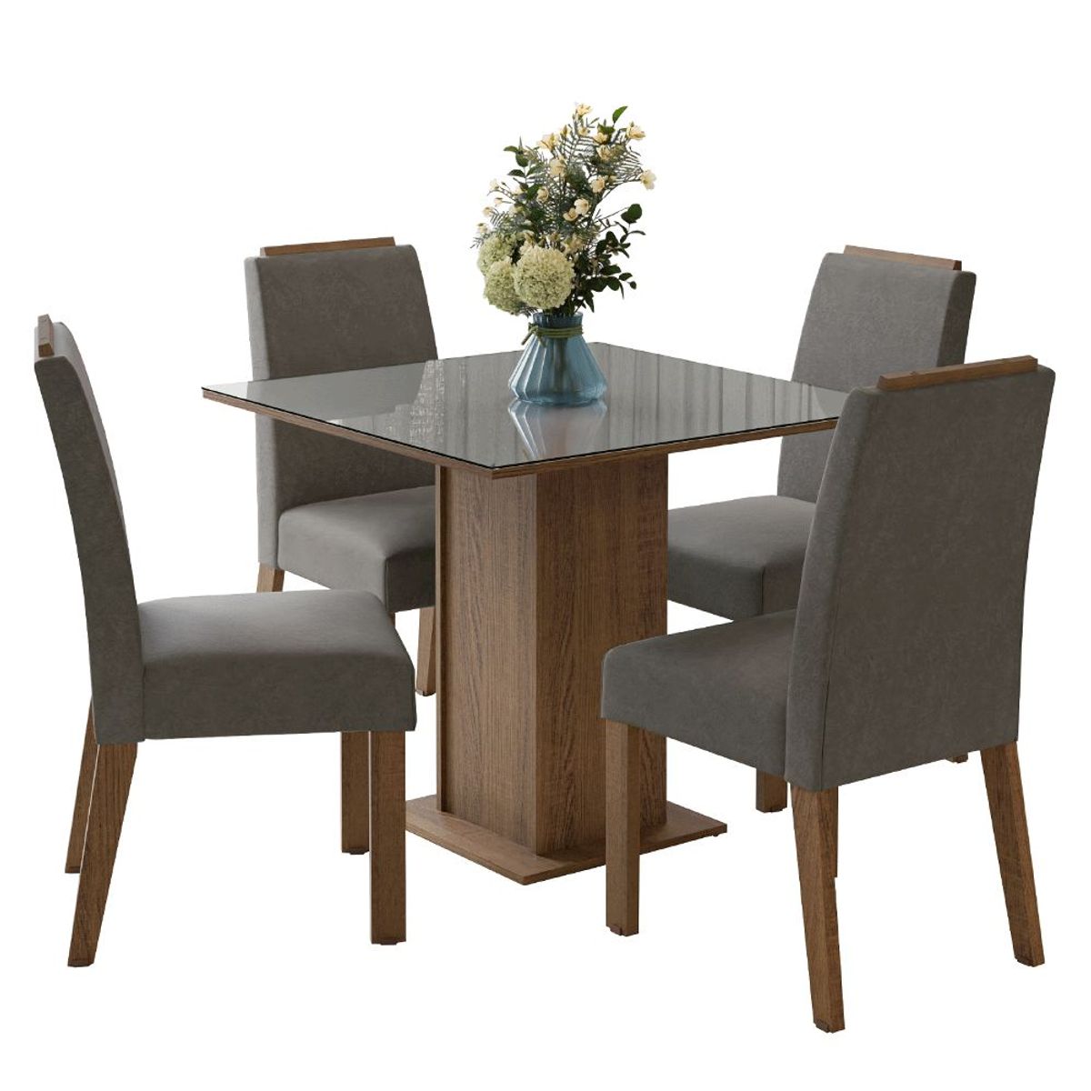 MADESA - Juego de Comedor Sines con 4 Sillas - Tablero de Madera y Cristal MarrónGrisPlateado