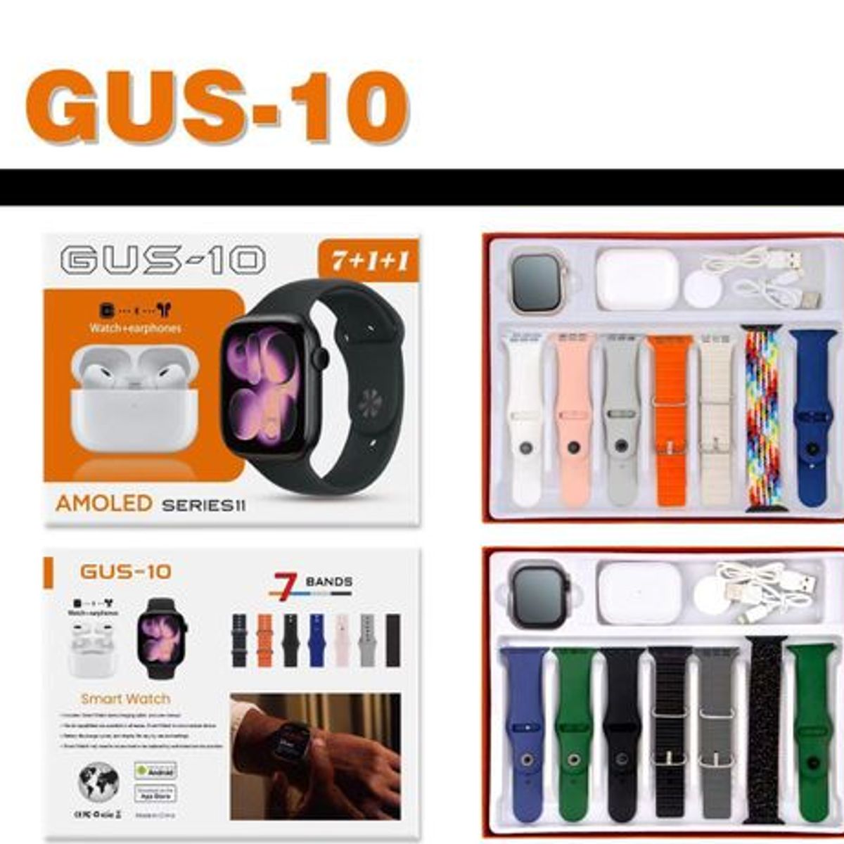 CHINA GLAZE - GUS-10 Ultra Max Smart watch Ultra 9 in1 Waterproof 7 Straps + Earphones Black