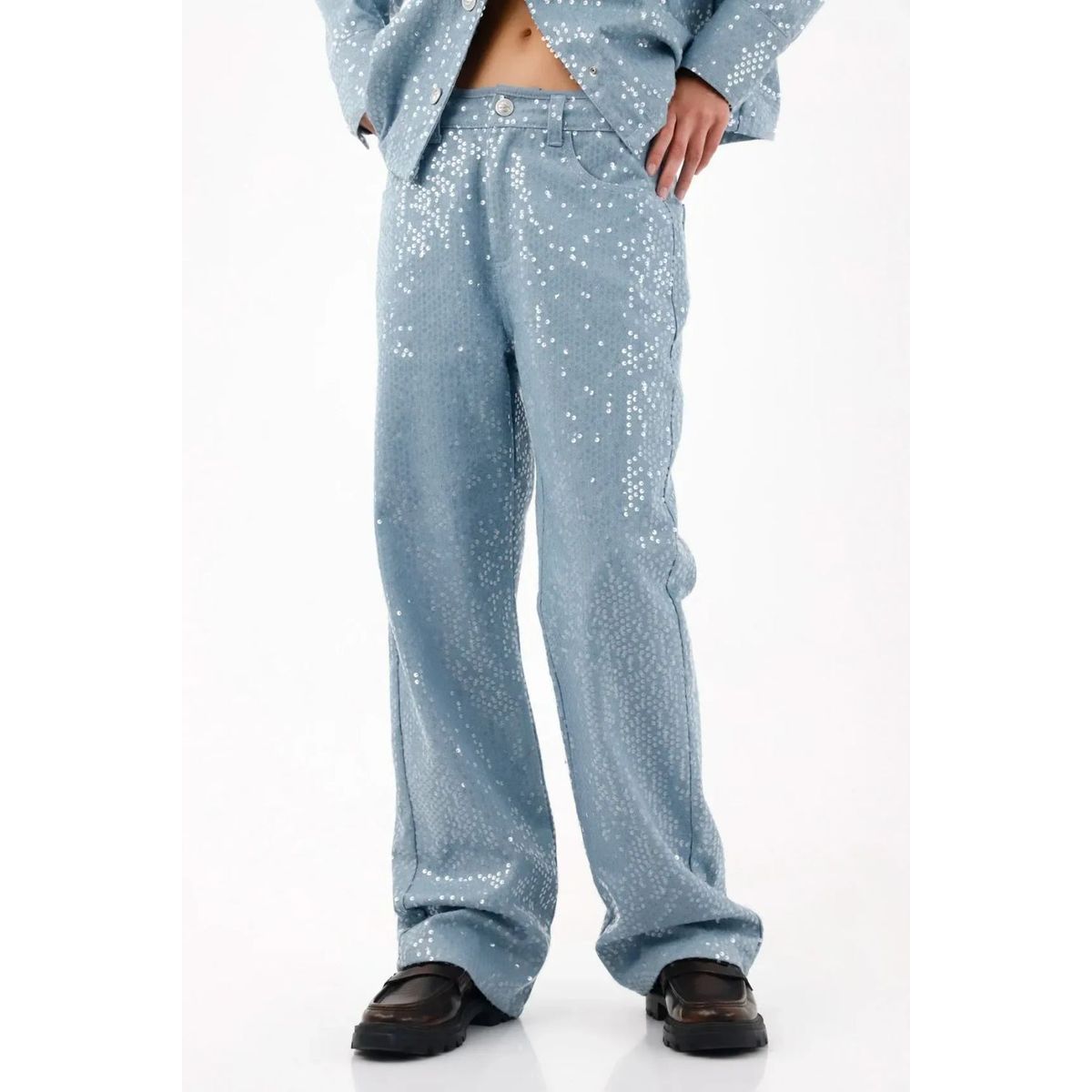 TENNIS - Jean wide leg con puntos metalizados en denim para mujer