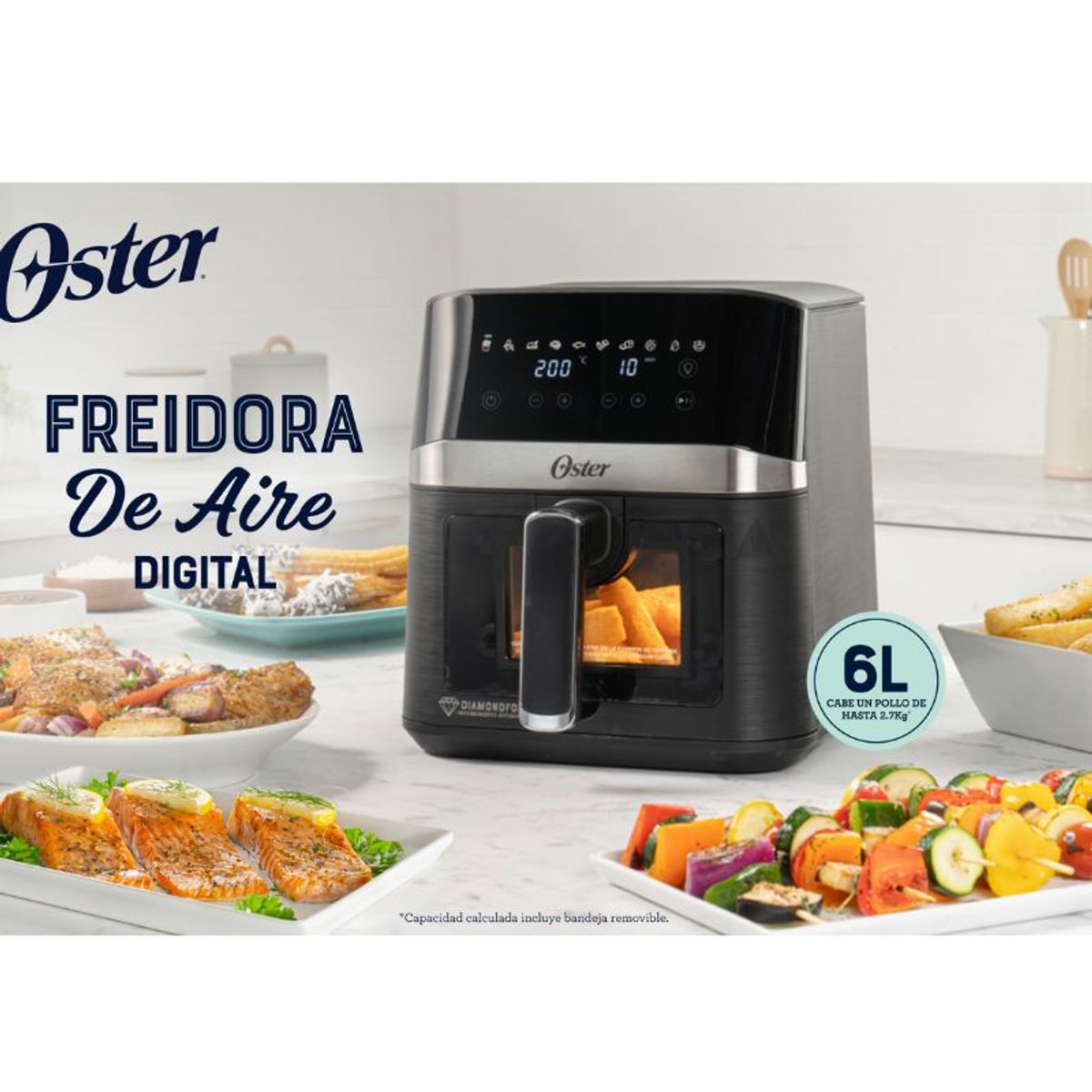 OSTER - Freidora Digital Oster DiamondForce, con Ventana y Luz Interna, 6 Litros, y 10 Programas Automáticos
