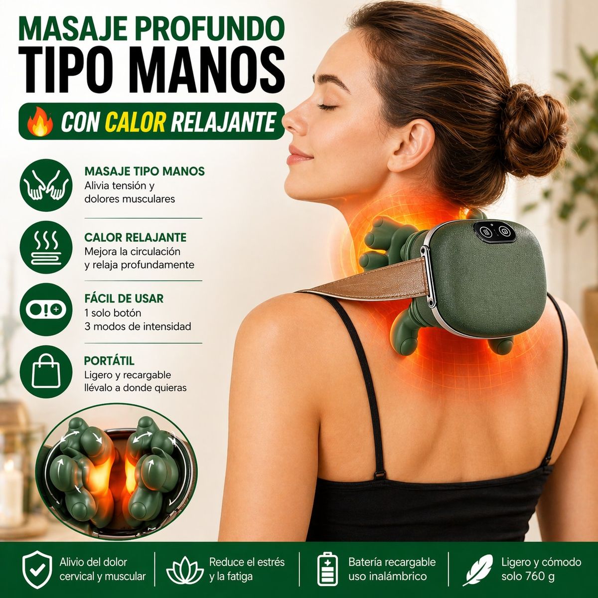 GENERICO - Masajeador De Cuello Hombros Espalda Eléctrico Tipo Manitos Con Calor Ajustable Térmico Portátil