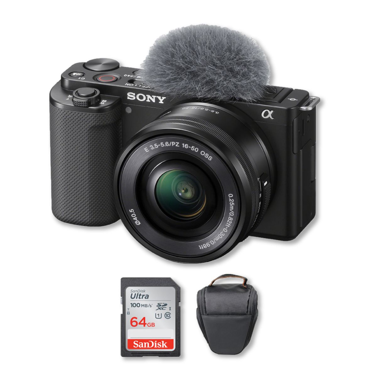SONY - Cámara Sony ZV-E10 4K Mirrorless + Lente 16-50mm f3.5-5.6 + Memoria 64Gb de 100Mbs + Bolso