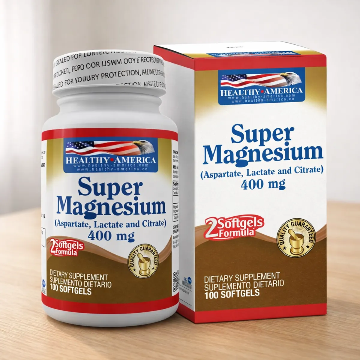 HEALTHY AMERICA - Super Magnesium 400 mg Healthy America + Suplemento dietario de magnesio + 100 softgels