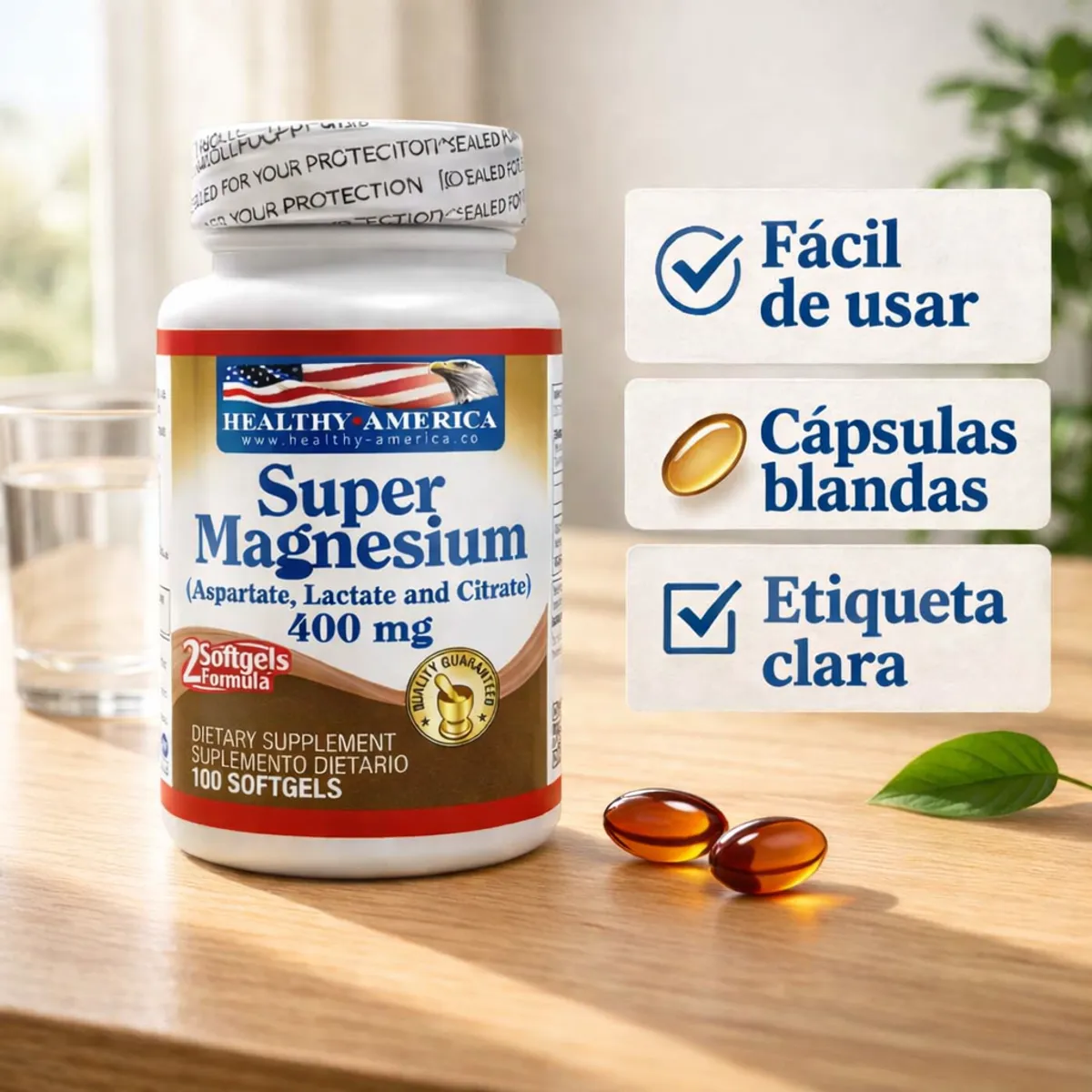 HEALTHY AMERICA - Super Magnesium 400 mg Healthy America + Suplemento dietario de magnesio + 100 softgels