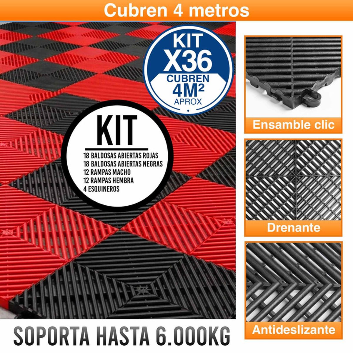 ENERGY PLUS - Kit Piso Plástico Modular Cubre 4 Mts Negro y Rojo con Rampas