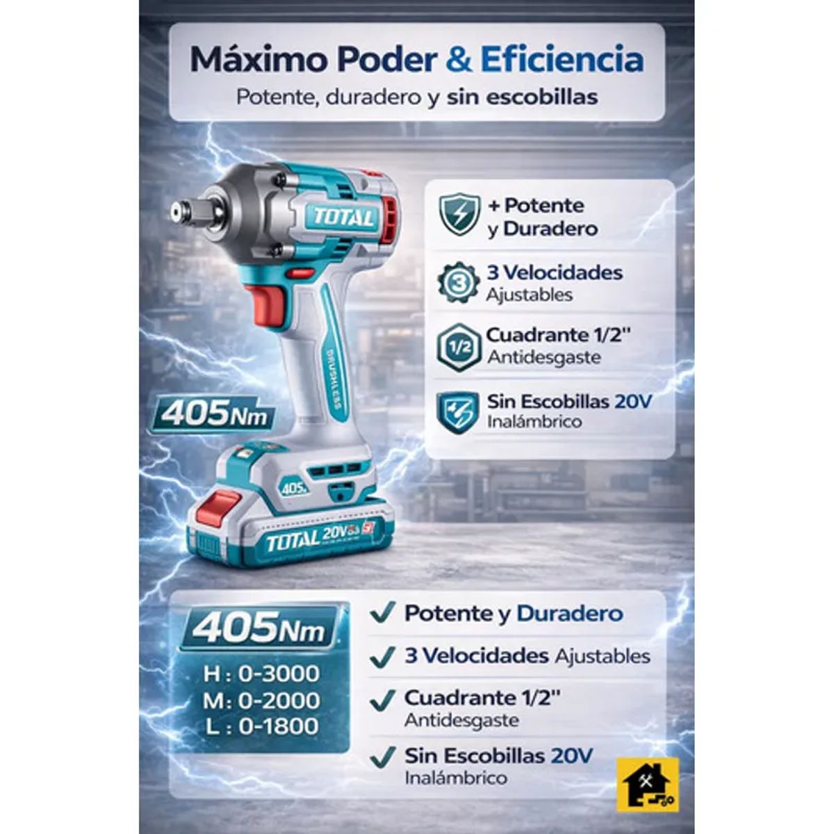 TOTAL TOOLS - Pistola Impacto Total Tools 12 20v 405nm + 3 Copas Turquesa 20