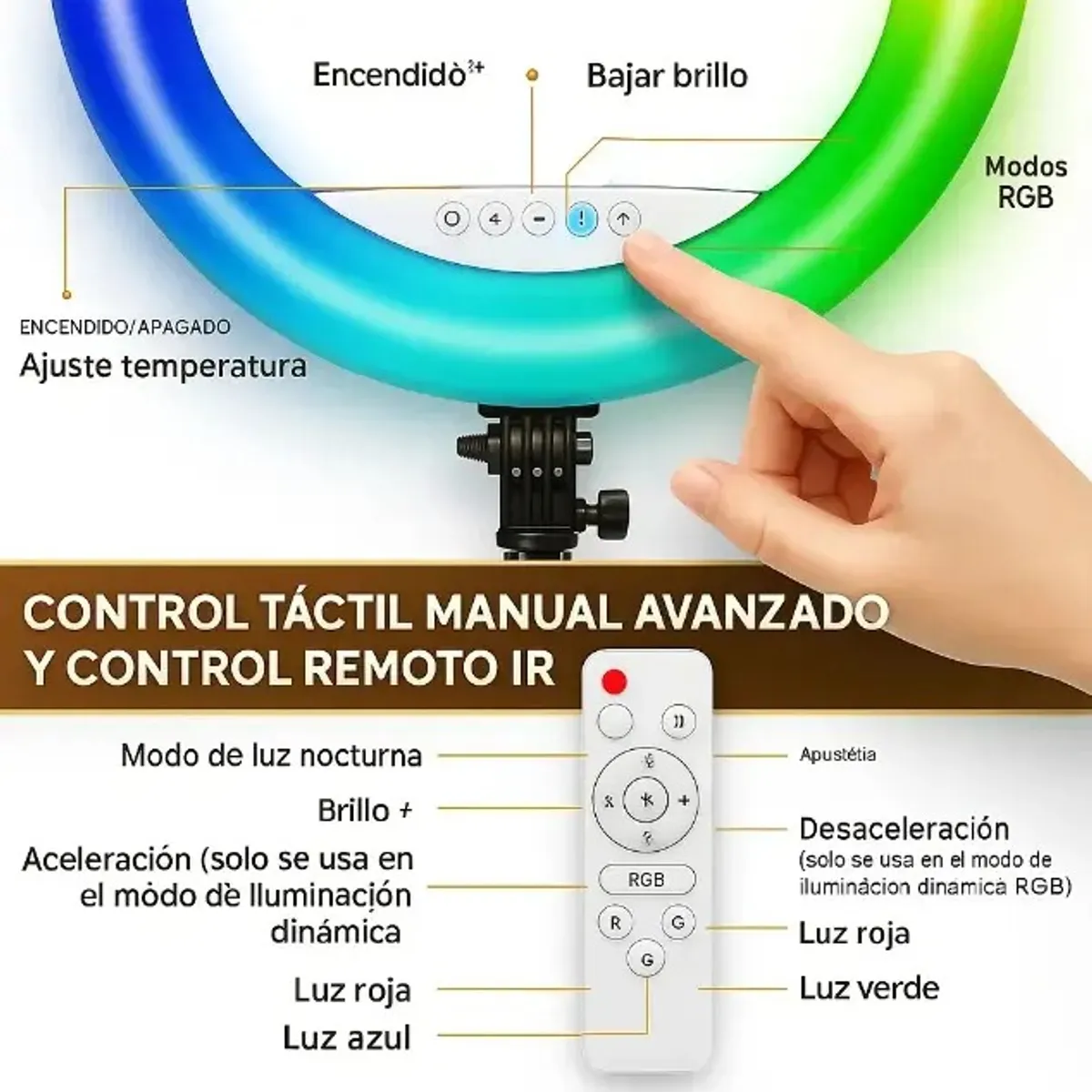 SHAD - Aro Luz 56cm Luces Rgb + Calidas, Incluye Tripode