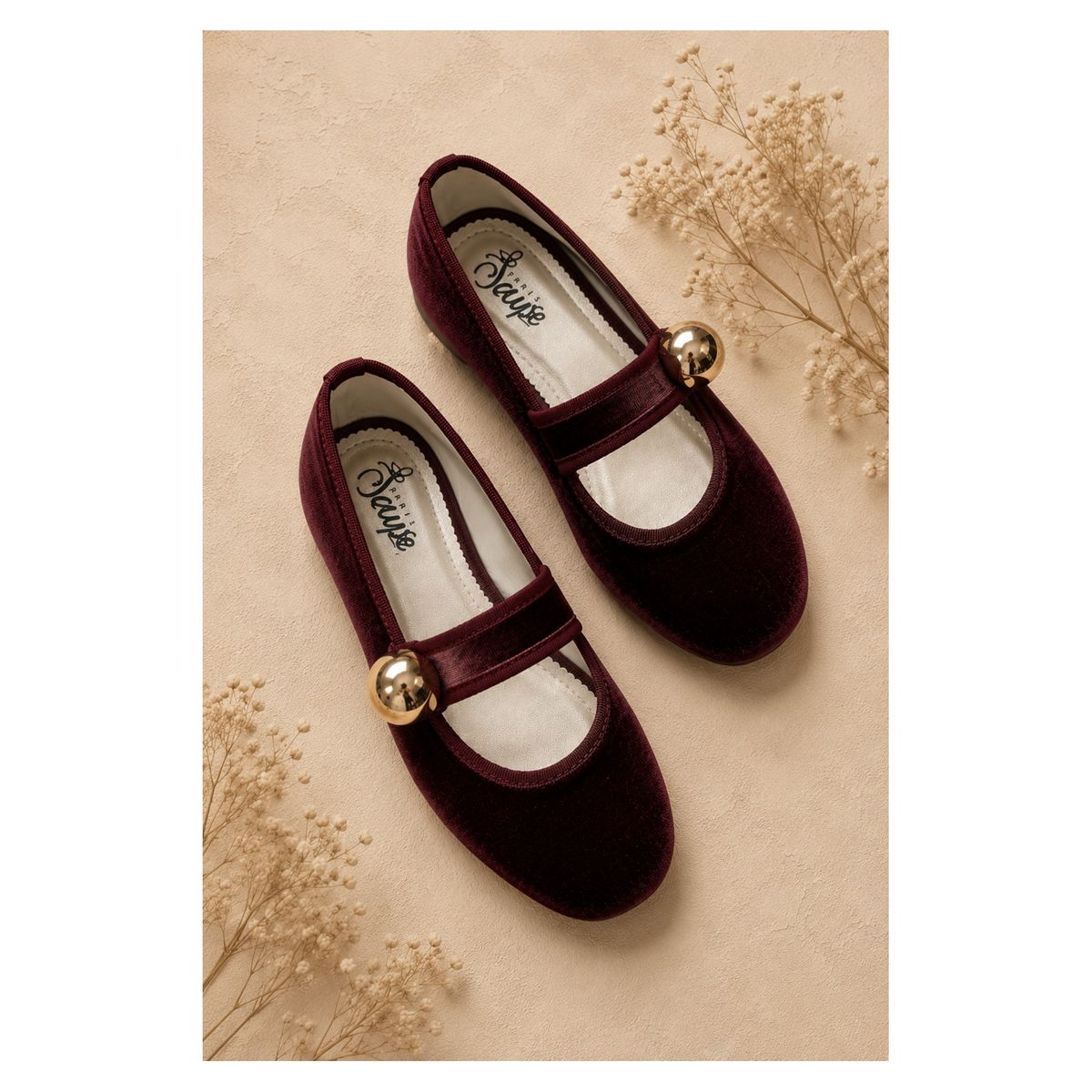 GENERICO - Baleta Antonella Vinotinto Terciopelo con Hebilla Dorada Elegante Mujer