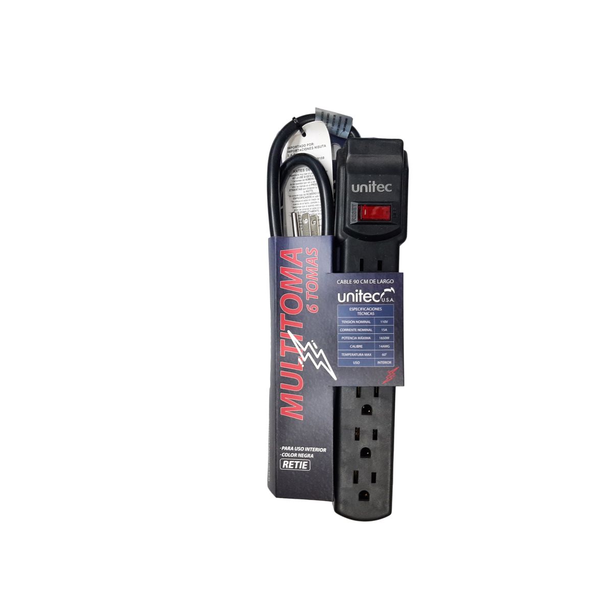 UNITEC - Multitoma Regleta 6 Salidas Cable De 90 Cm Negra Unitec