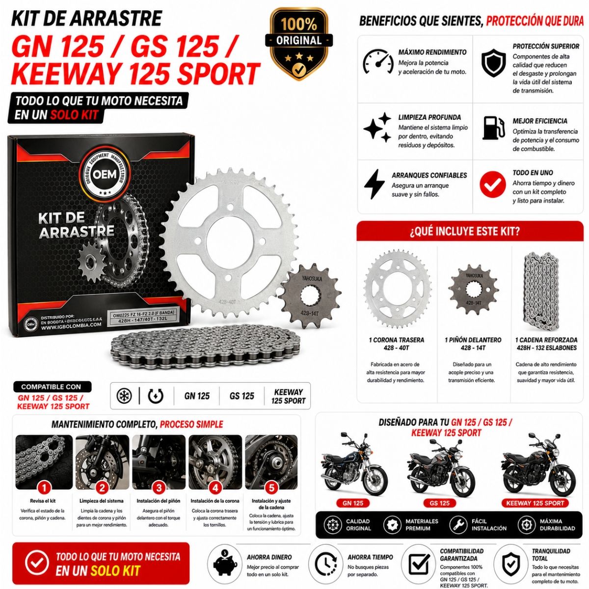 OEM - Kit arrastre Oem completo moto GN125 GS125 KEENWAY125 repuesto