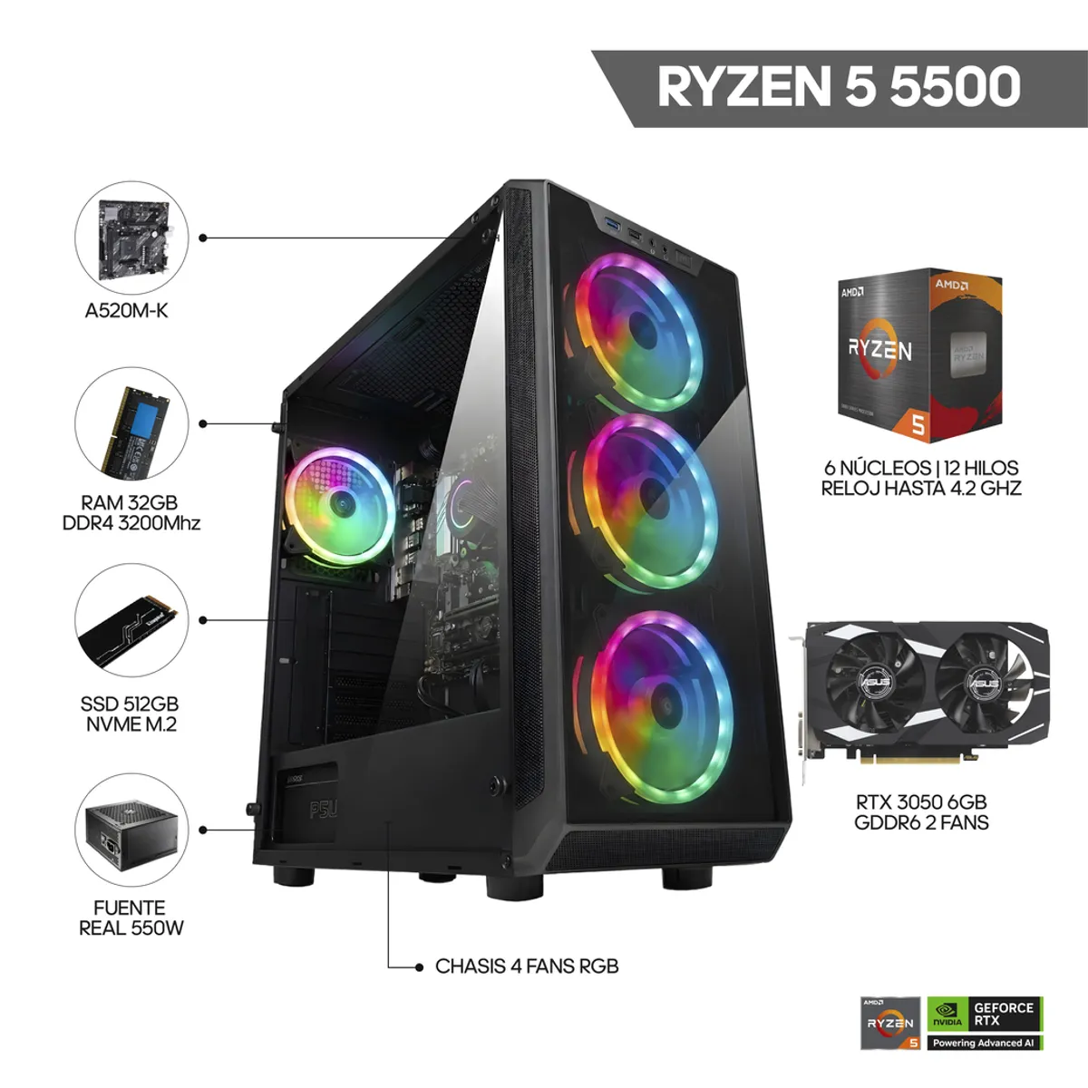 AMD - PC GAMER RYZEN 5 5500 - RTX 3050 - RAM 32 DDR4 - SSD 512GB - CHASIS 4FANS - IDEAL PARA GAMING