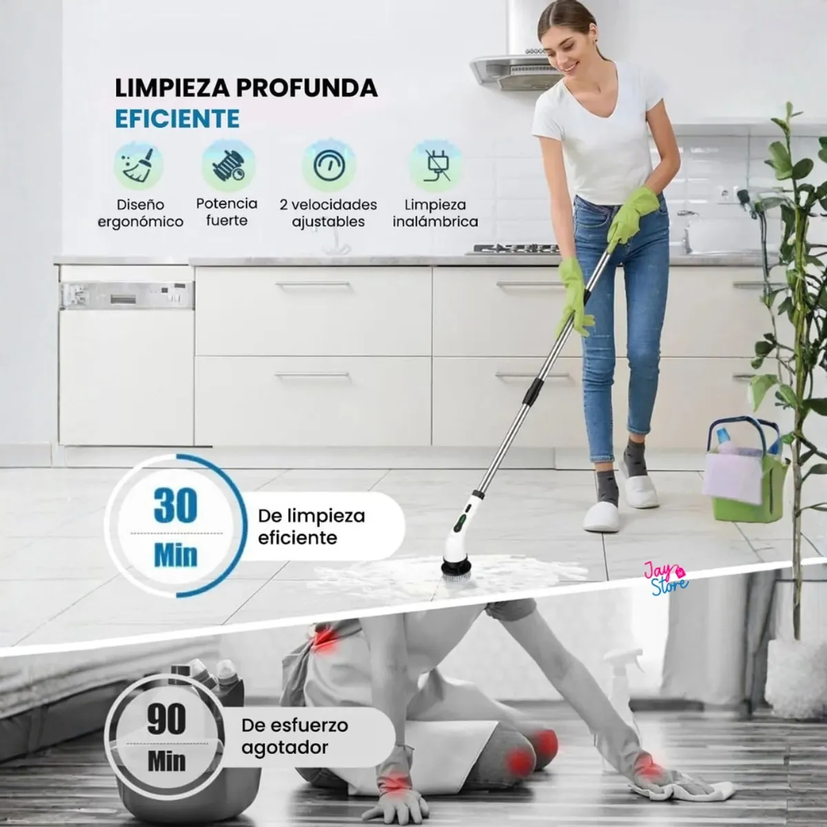 Cepillo eléctrico limpiando de pie, sin esfuerzo