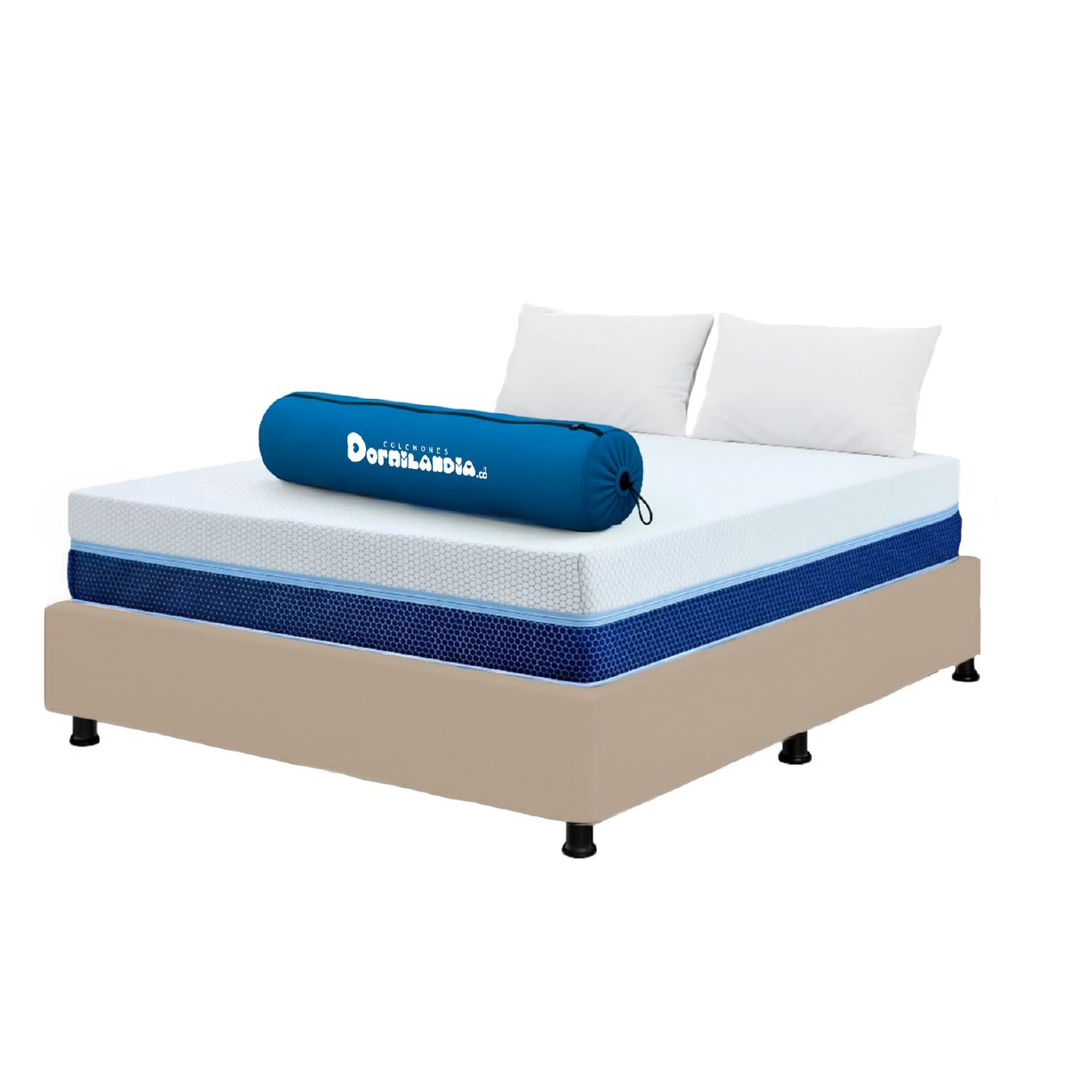 DORMILANDIA - Combo Colchón Multisleep Cover Espumado Enrollado Doble Arena Más Base Cama y 2 Almohadas