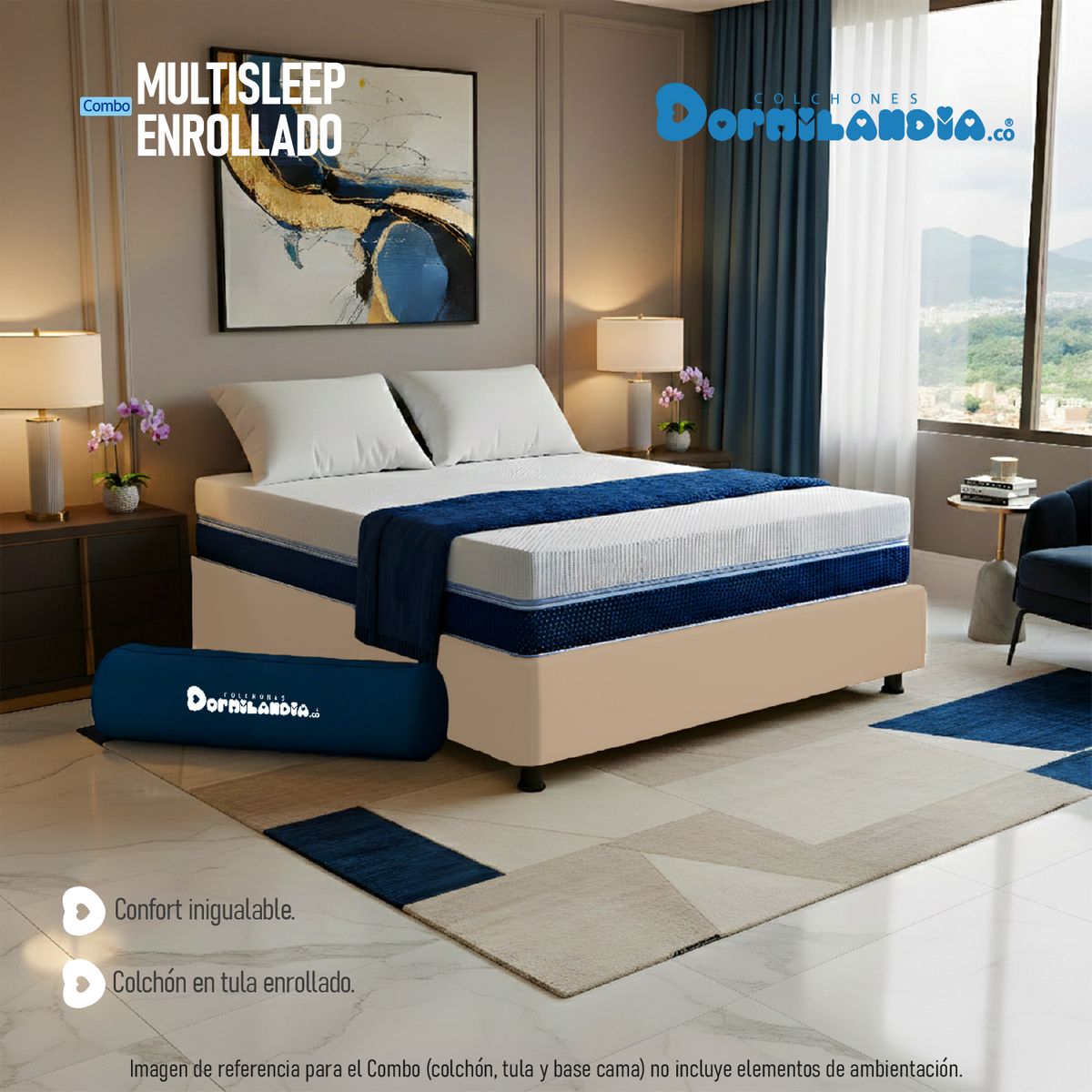 DORMILANDIA - Combo Colchón Multisleep Cover Espumado Enrollado Doble Arena Más Base Cama y 2 Almohadas