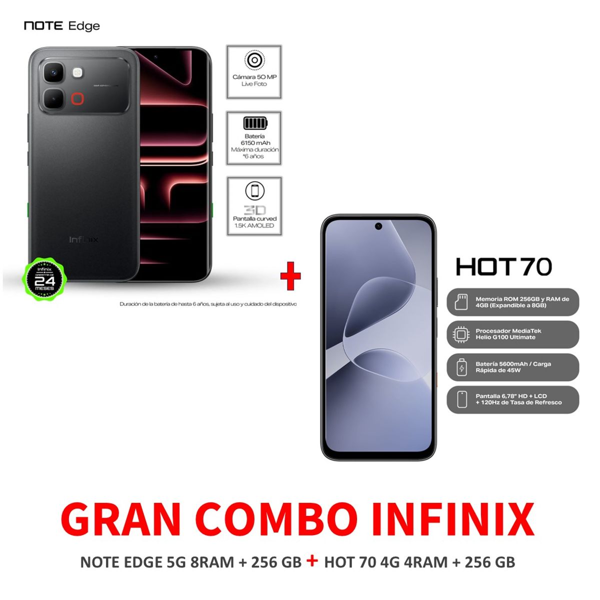 INFINIX - Gran Combo 2 Celulares Note Edge 5G 8RAM 256GB + Hot 70 4G 4RAM 256GB
