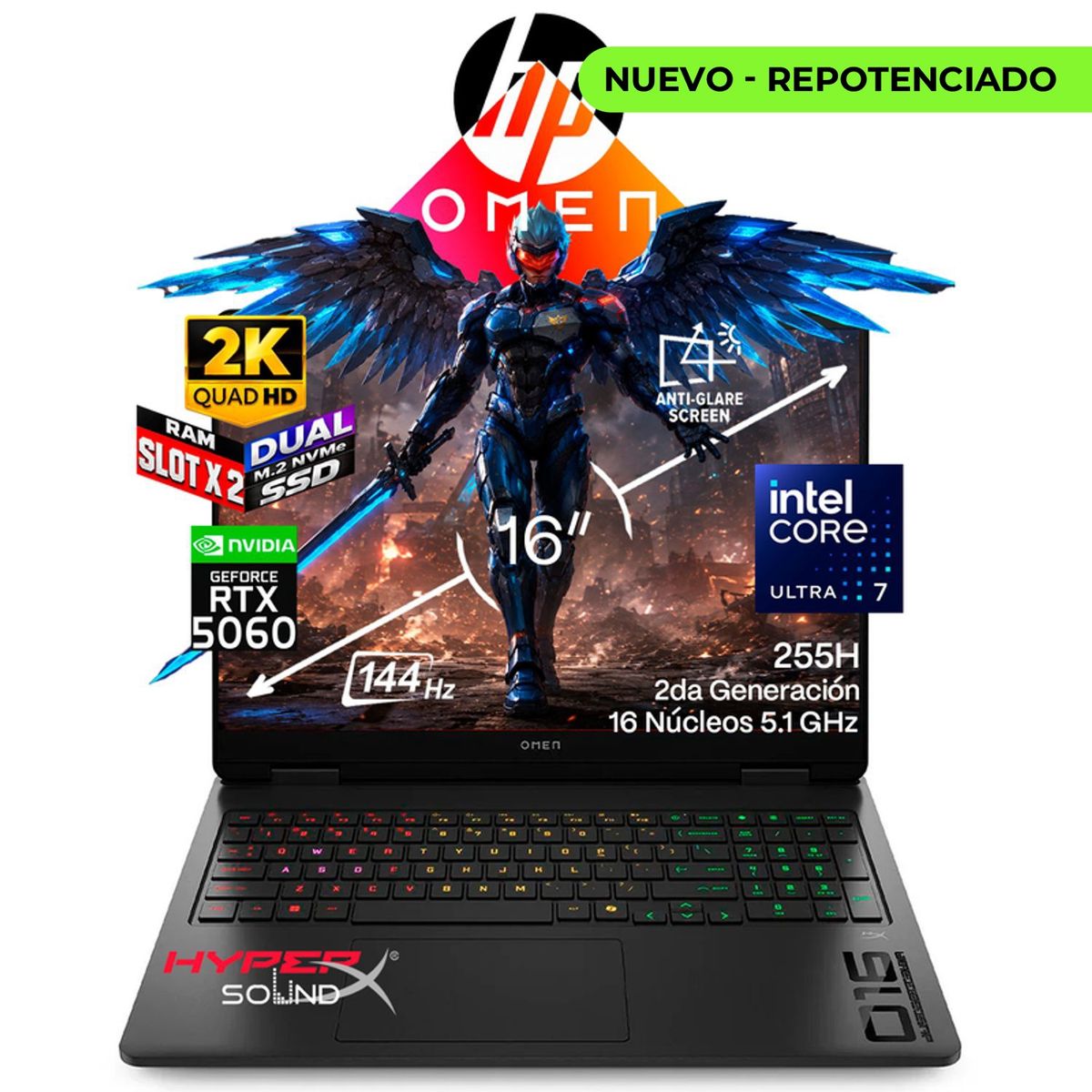 HP - Portátil Gamer HP OMEN 16 Intel Ultra 7 255H RAM 32GB SSD 750 GB RTX 5060 8 GB 144Hz