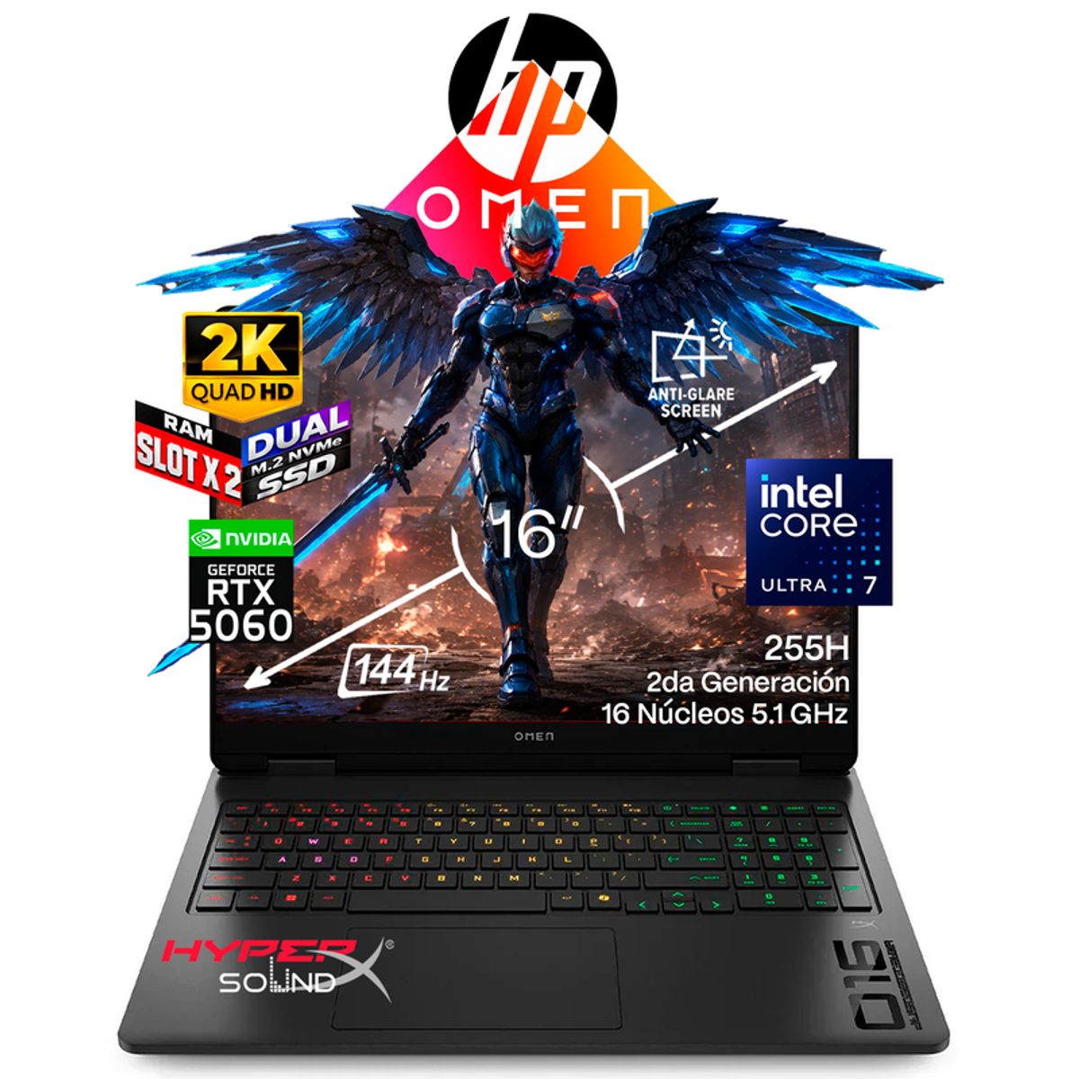 HP - Portátil Gamer HP OMEN 16 Intel Ultra 7 255H RAM 8GB SSD 256 GB RTX 5060 8 GB 144Hz