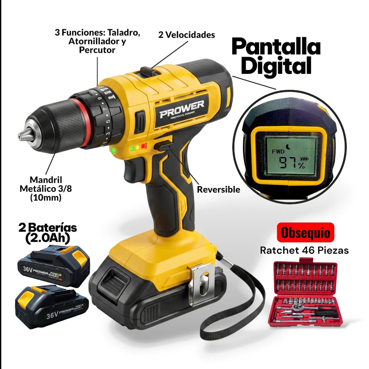 PROTOOL - Taladro Inalámbrico Prower 36V Con Pantalla y Maletín + Obsequio