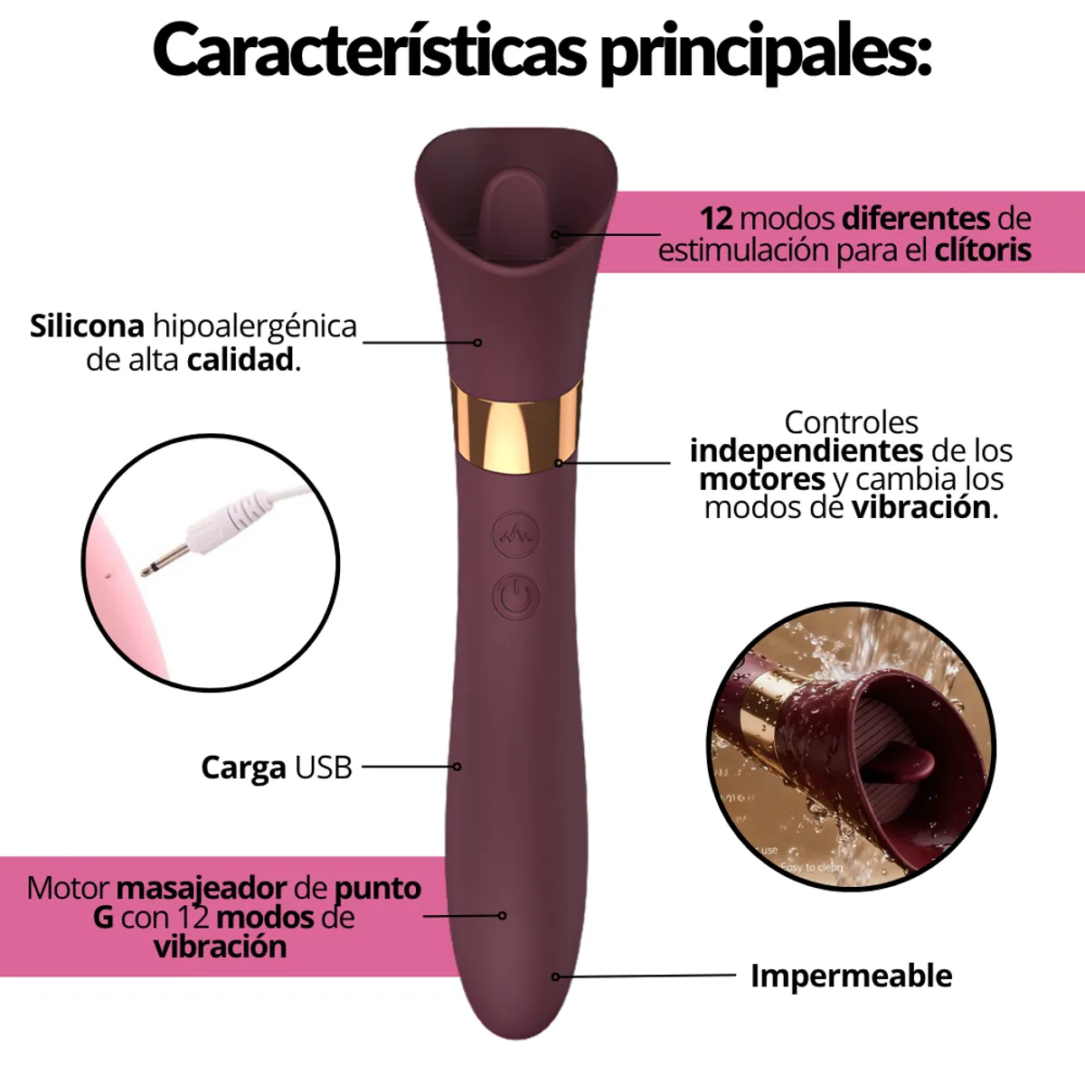 GAMA - Vibrador 2en1 Estimulador Clítoris Lengua Sexo Oral USB Gama Alta