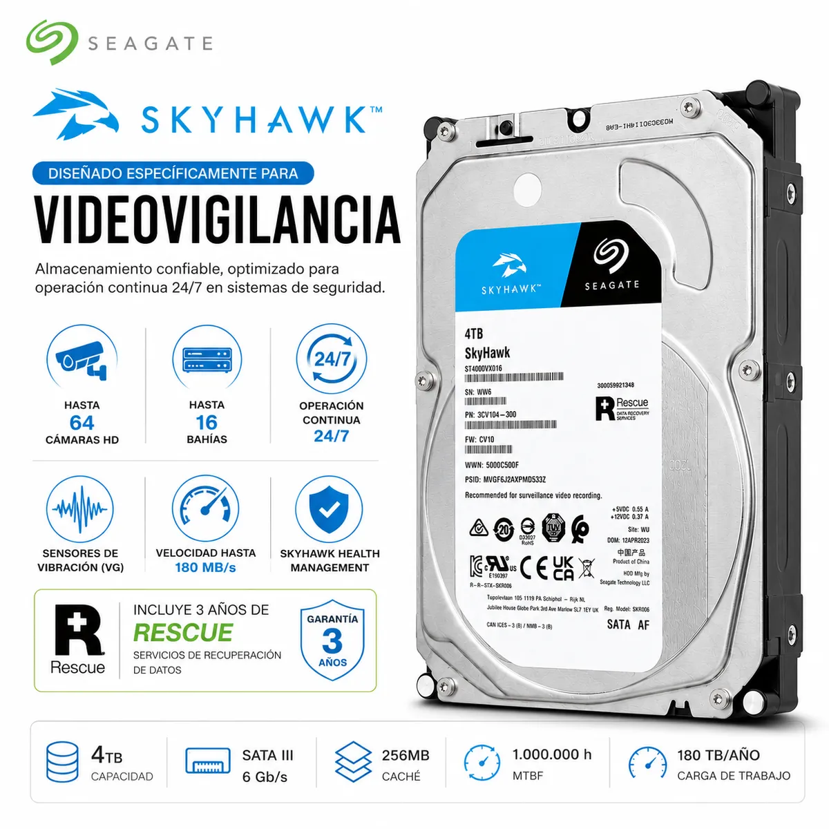 SEAGATE - Disco Duro 4TB SATA III Para Videovigilancia 247 Compatible Con NVR Y DVR
