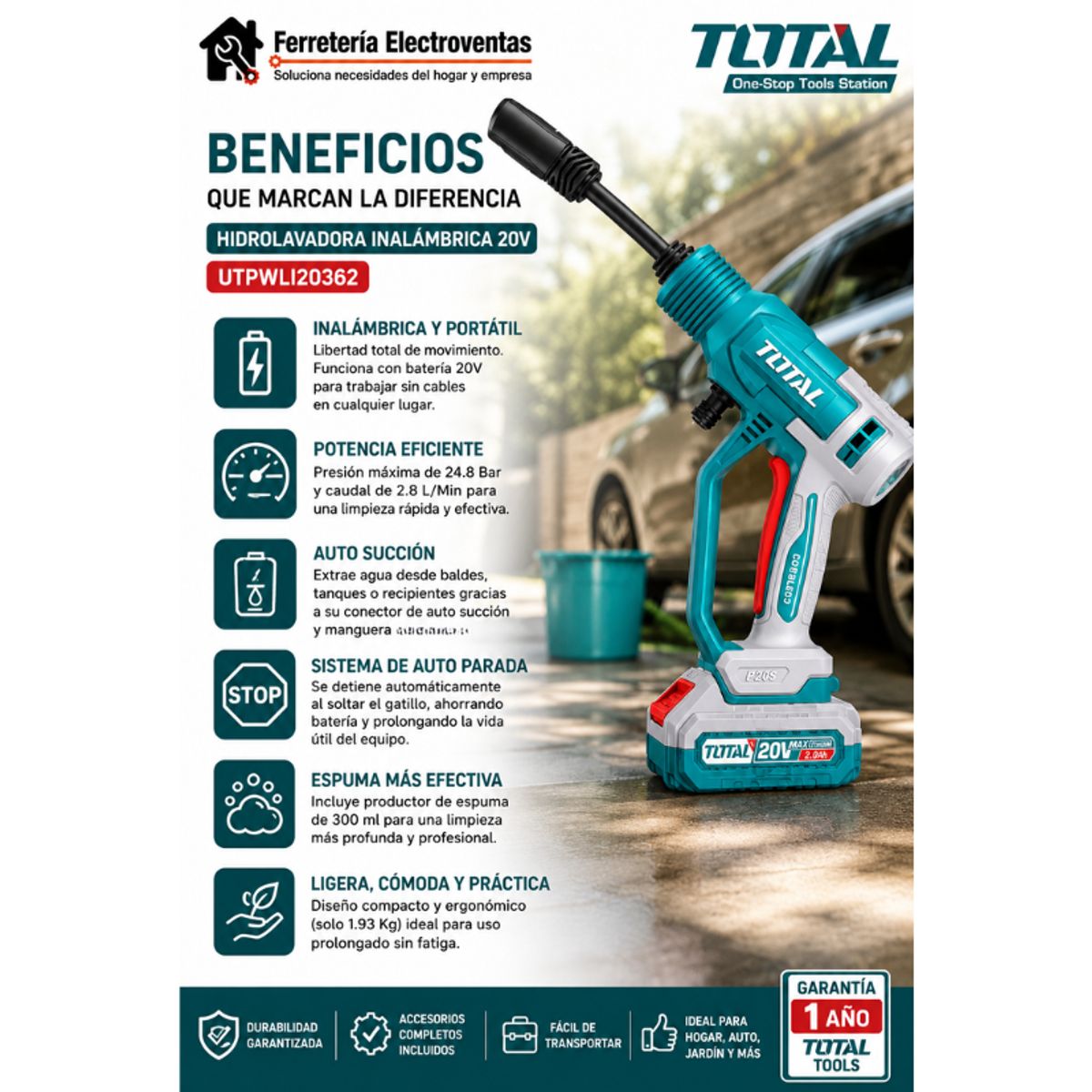 TOTAL TOOLS - Hidrolavadora Inalambrica 20v Incluye Bateria Y Carg Total