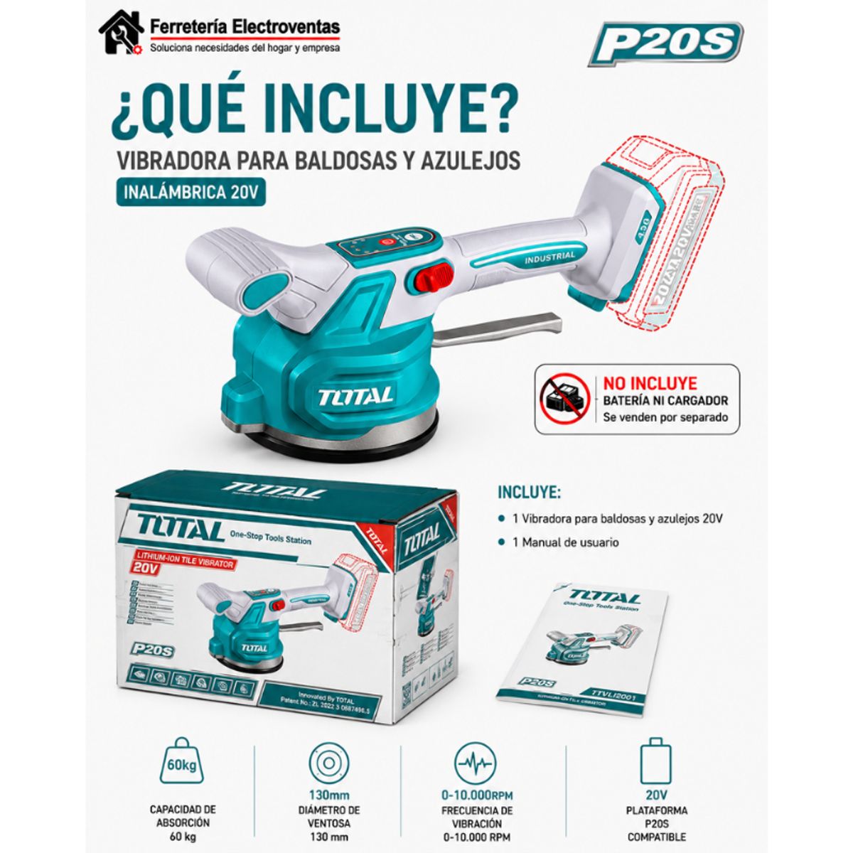 TOTAL TOOLS - Ventosa Vibrador De Baldosa 20v Cap 60kg No Incluye Bateria