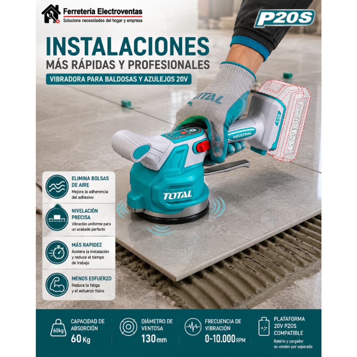 TOTAL TOOLS - Ventosa Vibrador De Baldosa 20v Cap 60kg No Incluye Bateria
