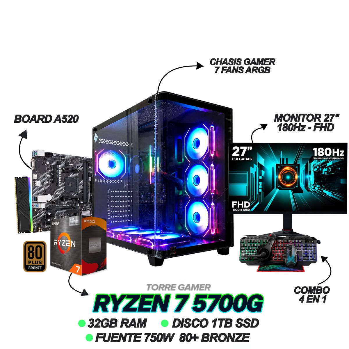 AMD - TORRE GAMER RYZEN 7 5700G - 32GB RAM - 1TB SSD - 7 FANS - 750W - MONITOR 27" 180Hz + COMBO GAMER